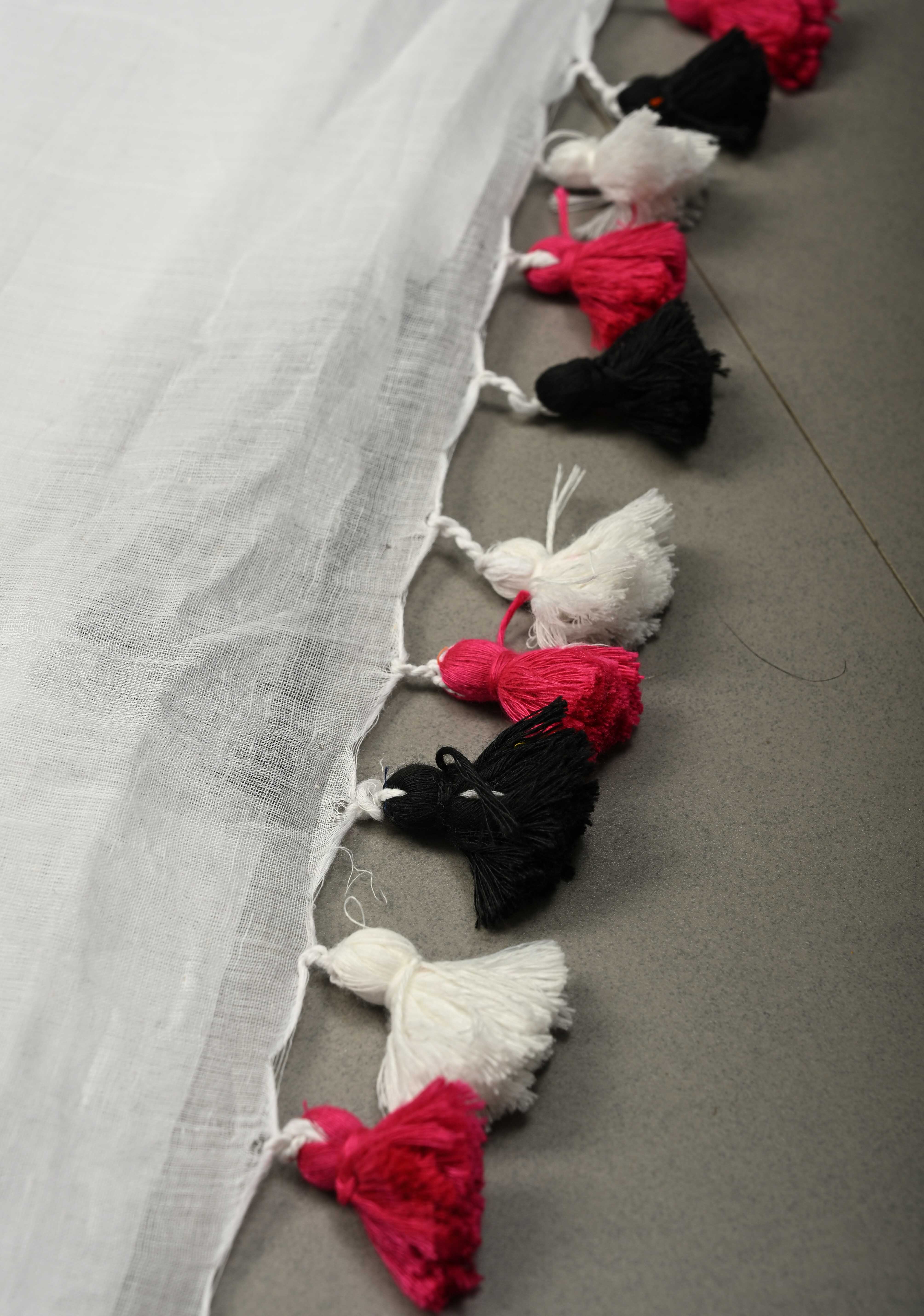 White Mulmul Cotton Saree with Hand Painted Circle Buttas and Multihue Tassels, No Blouse Piece |Shobitam