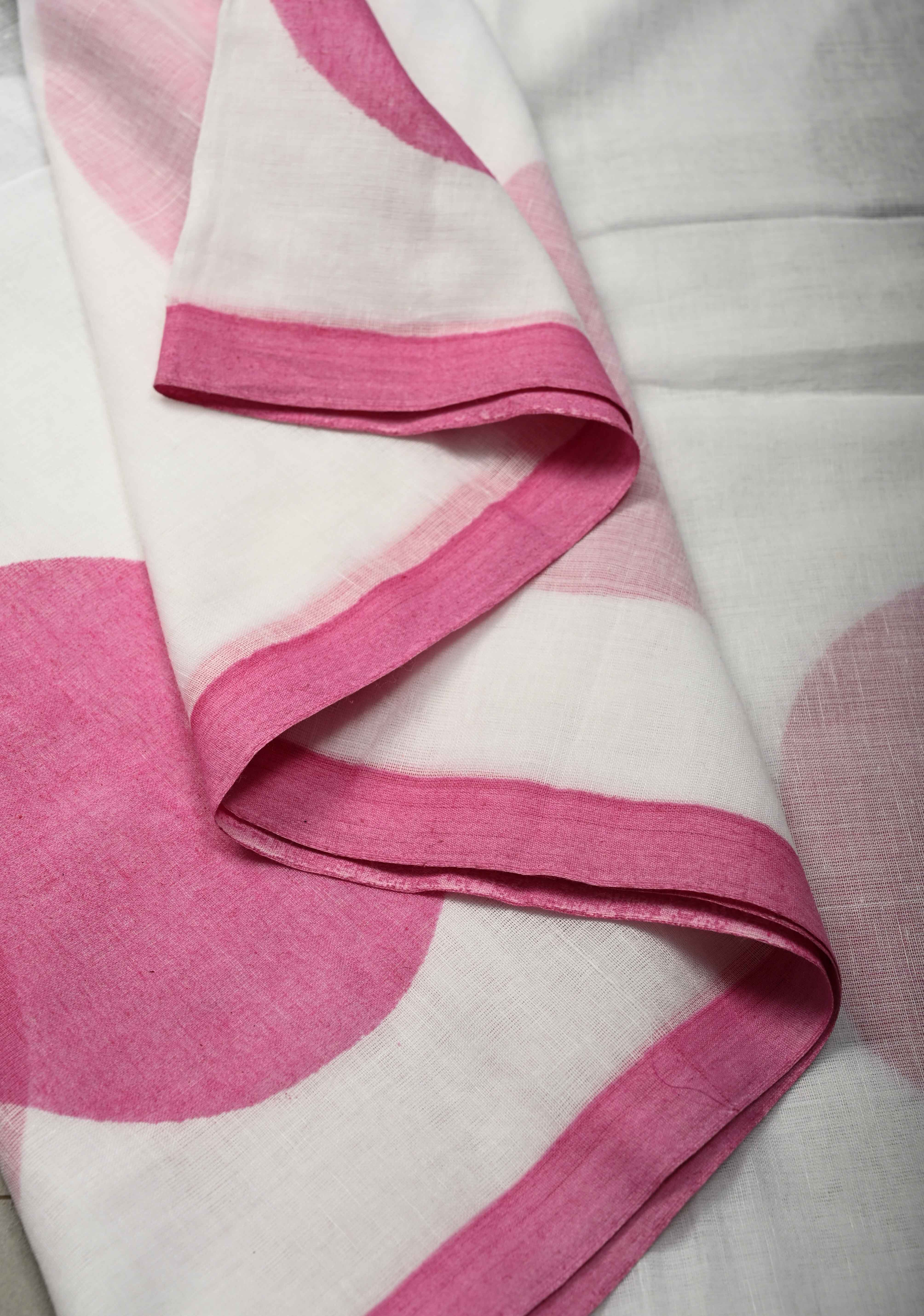 White Mulmul Cotton Saree with Hand Painted Circle Buttas and Multihue Tassels, No Blouse Piece |Shobitam