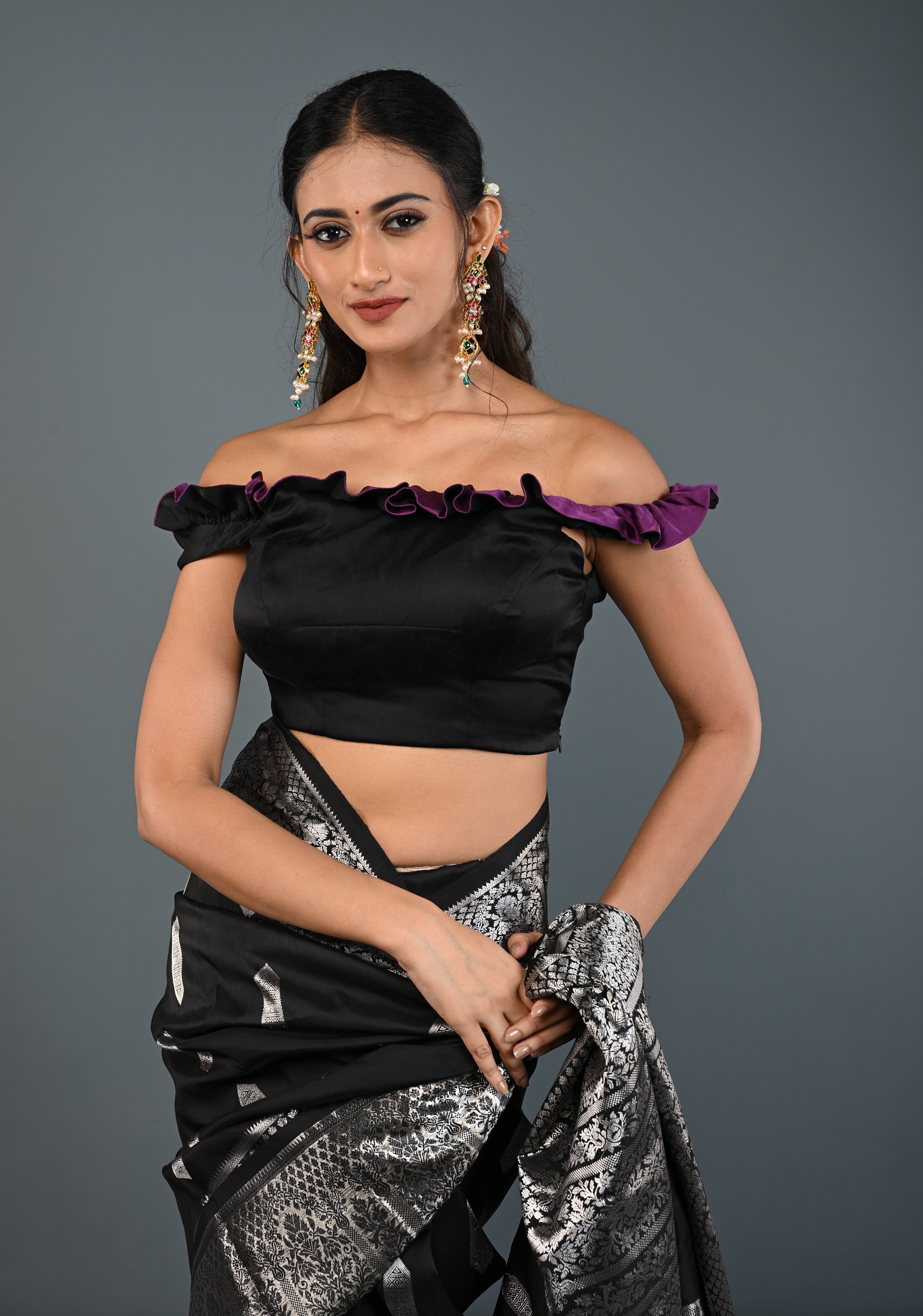 Black Dual-Style Satin Blouse with Purple Ruffle-Neck , Customizable, Made to Order | Shobitam