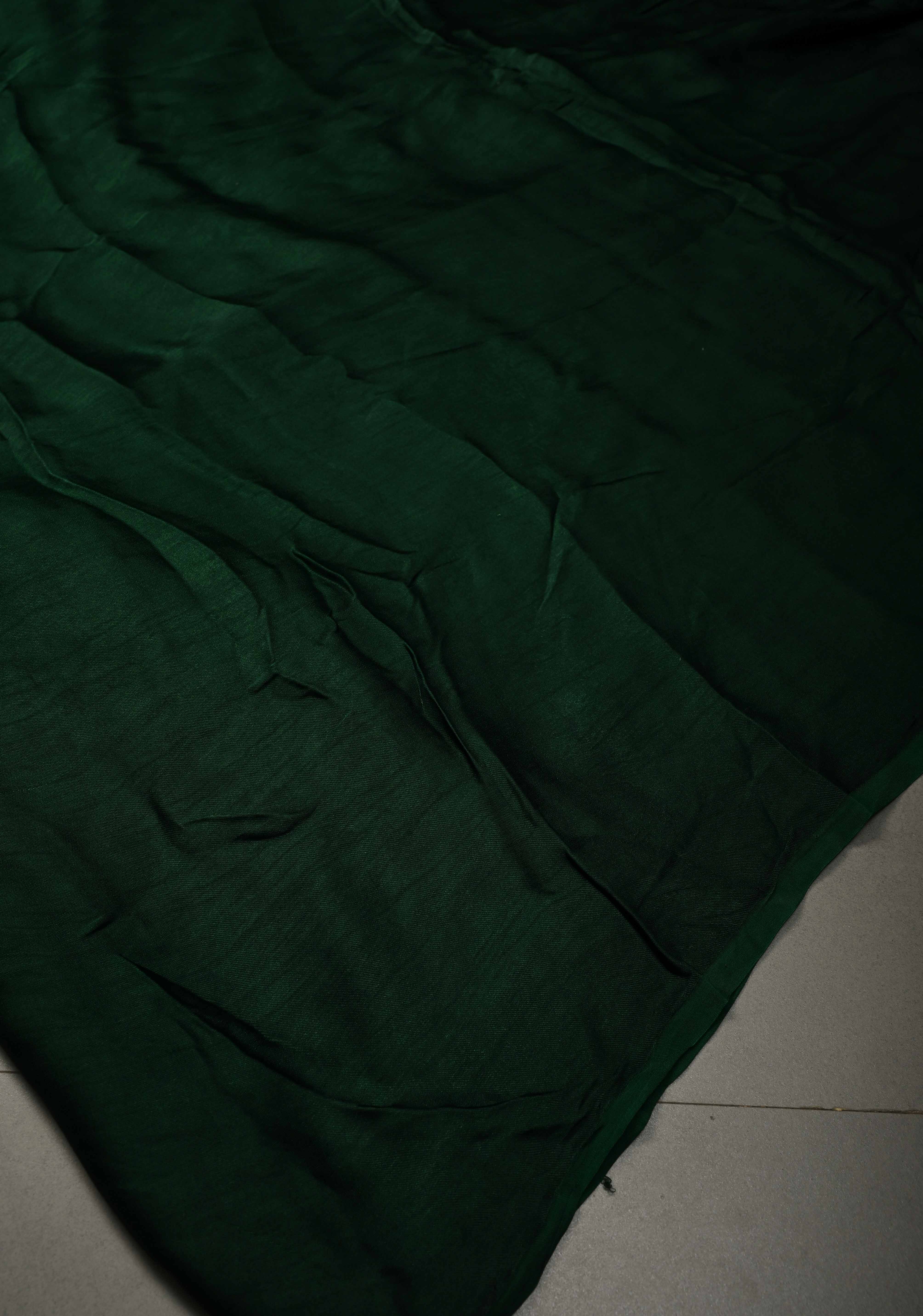 Deep Green Borderless Modal Silk Saree with Lagda Patta Crushed Tissue Pallu | Shobitam