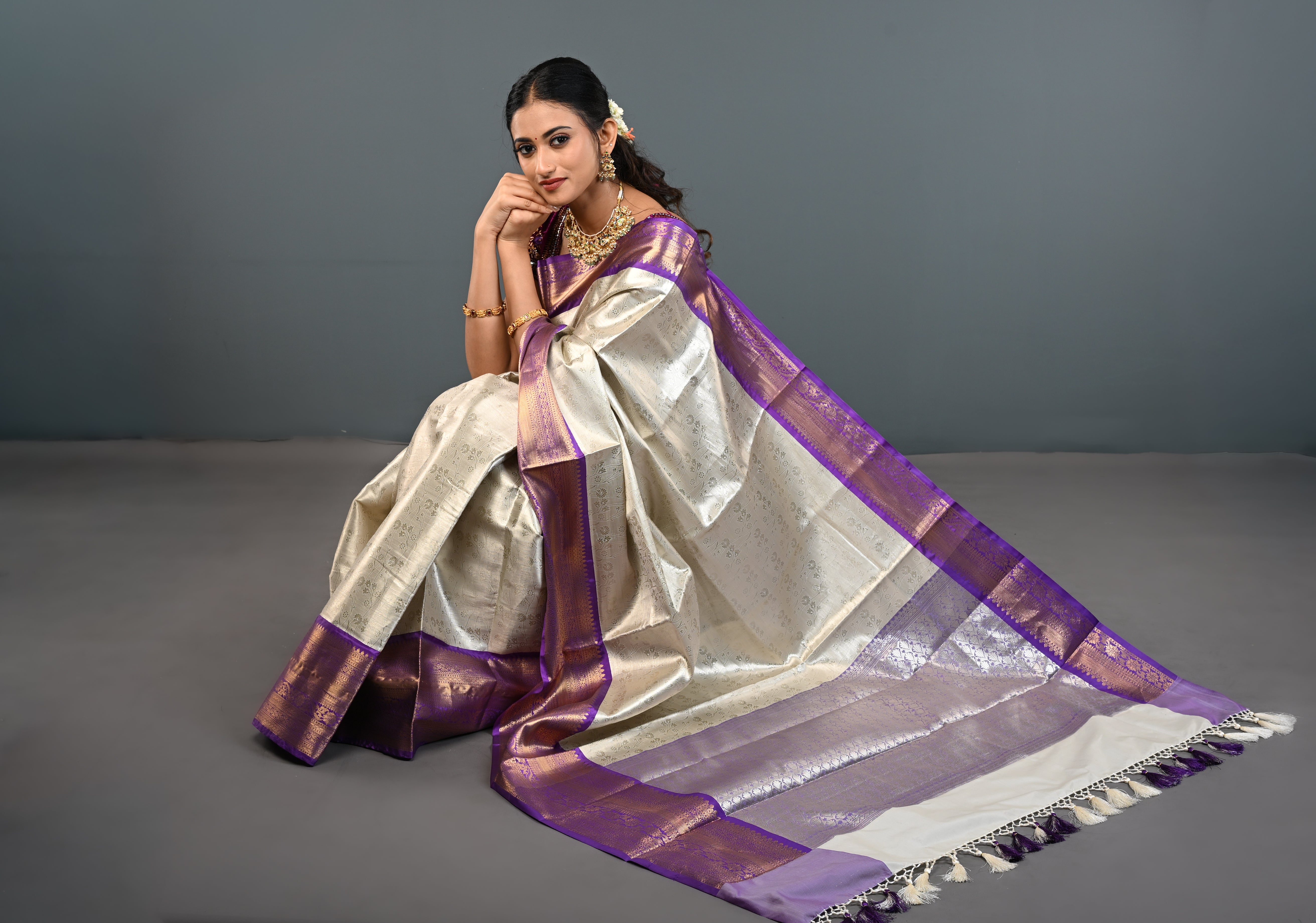 Ivory Kanjivaram Tissue Semi Silk Saree with Floral Jaal and Contrast Zari Border | Shobitam