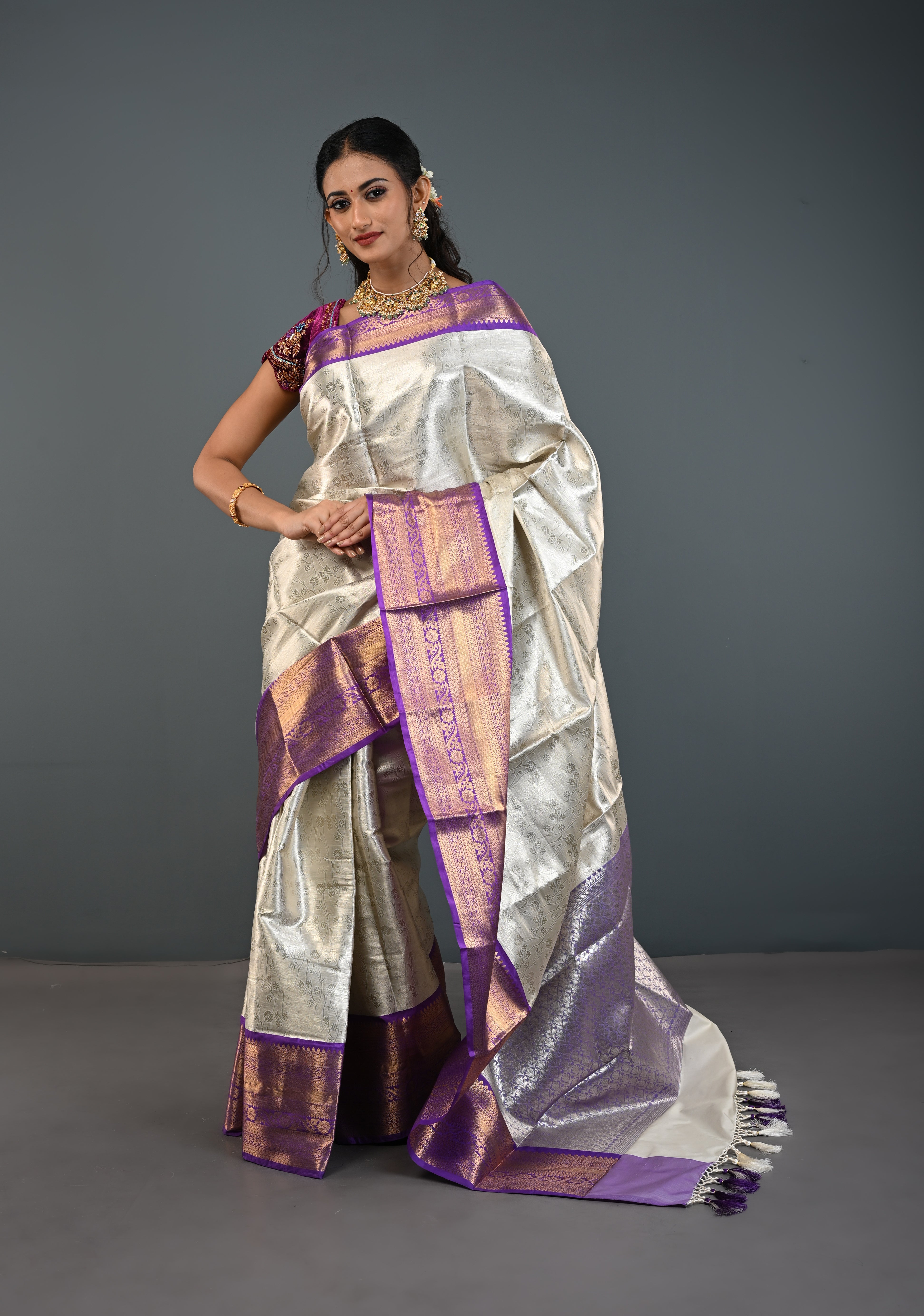Ivory Kanjivaram Tissue Semi Silk Saree with Floral Jaal and Contrast Zari Border | Shobitam