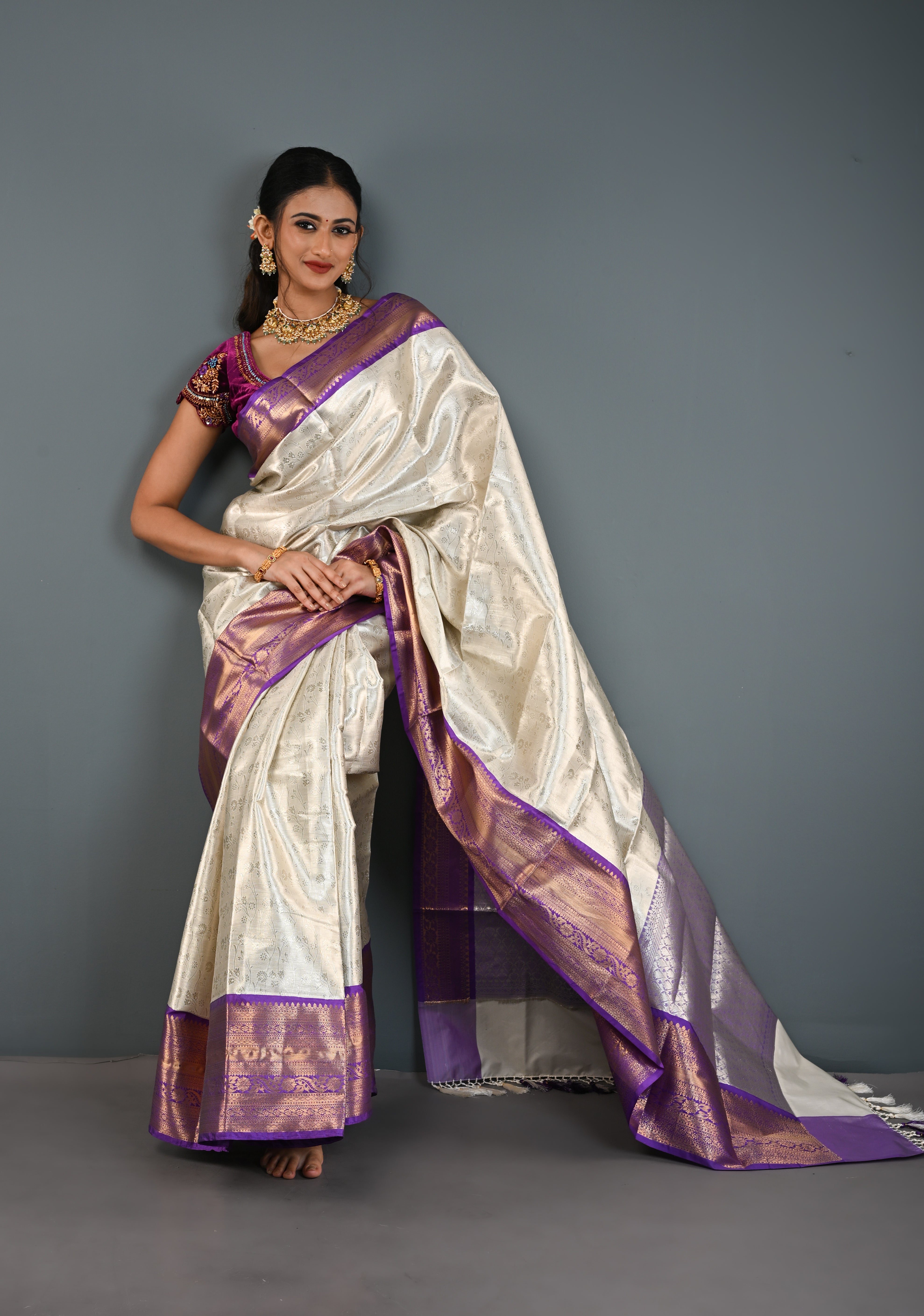 Ivory Kanjivaram Tissue Semi Silk Saree with Floral Jaal and Contrast Zari Border | Shobitam