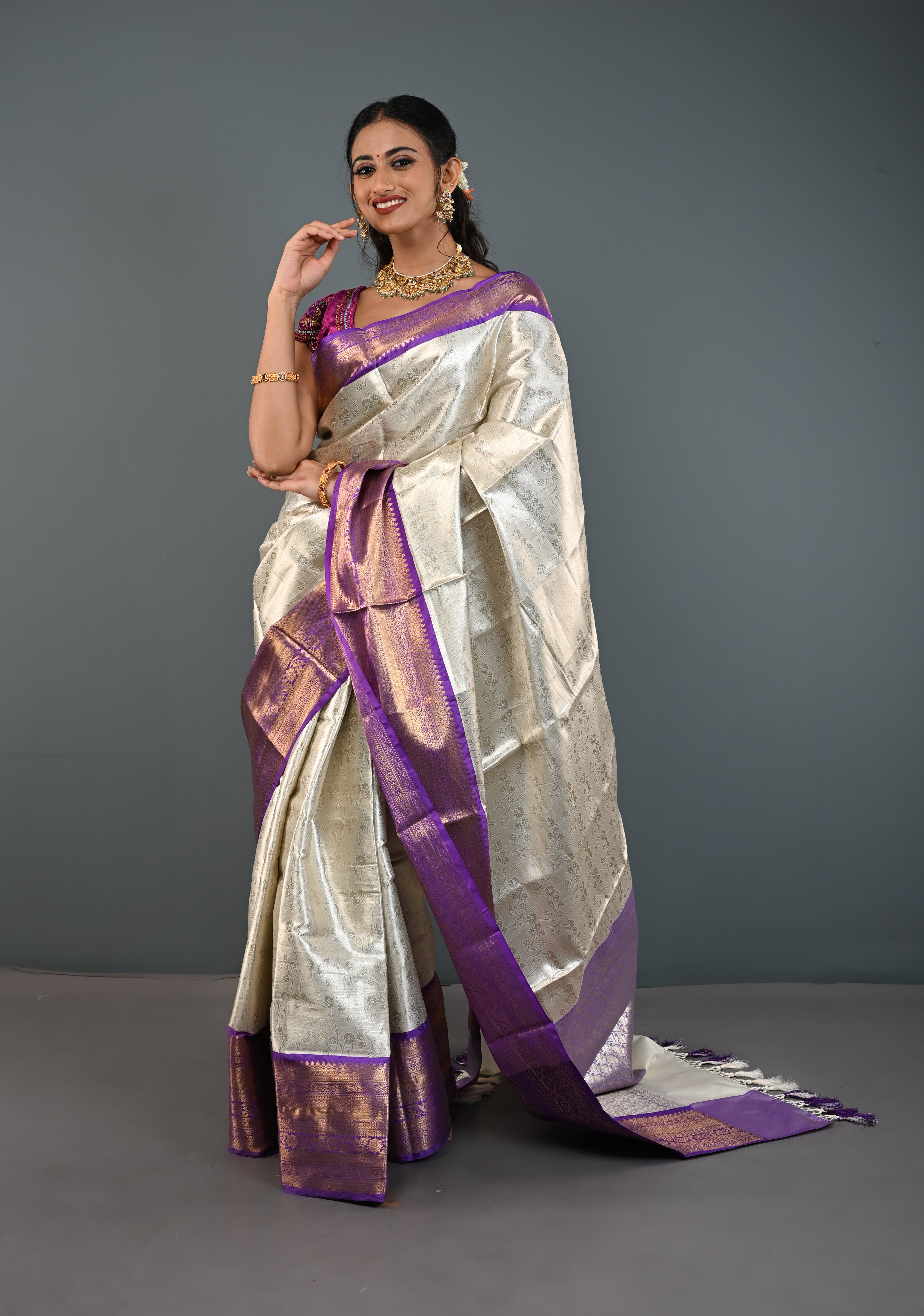 Ivory Kanjivaram Tissue Semi Silk Saree with Floral Jaal and Contrast Zari Border | Shobitam