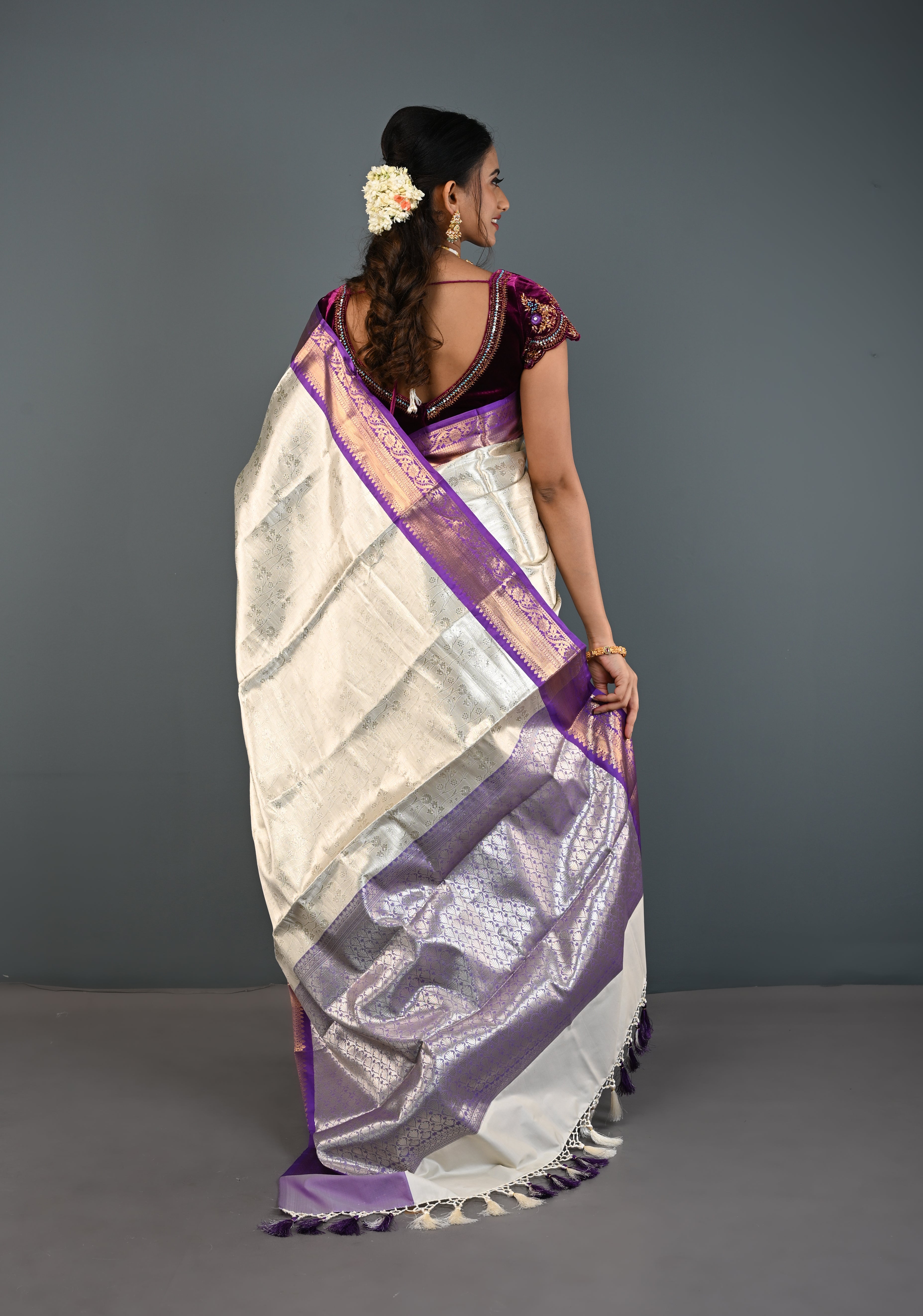 Ivory Kanjivaram Tissue Semi Silk Saree with Floral Jaal and Contrast Zari Border | Shobitam