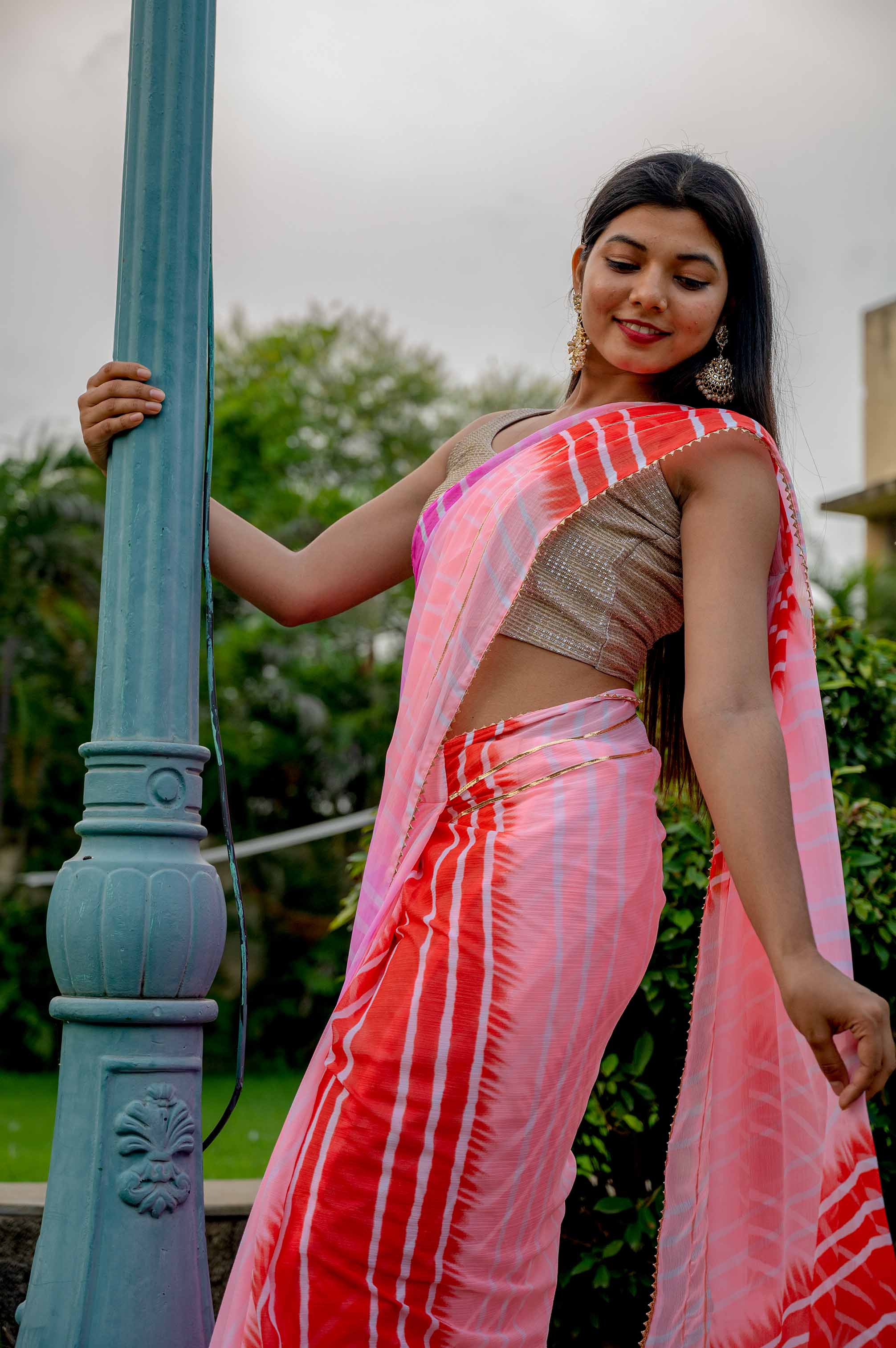 Pink Chiffon Lehriya Printed Wrap in 1 minute saree