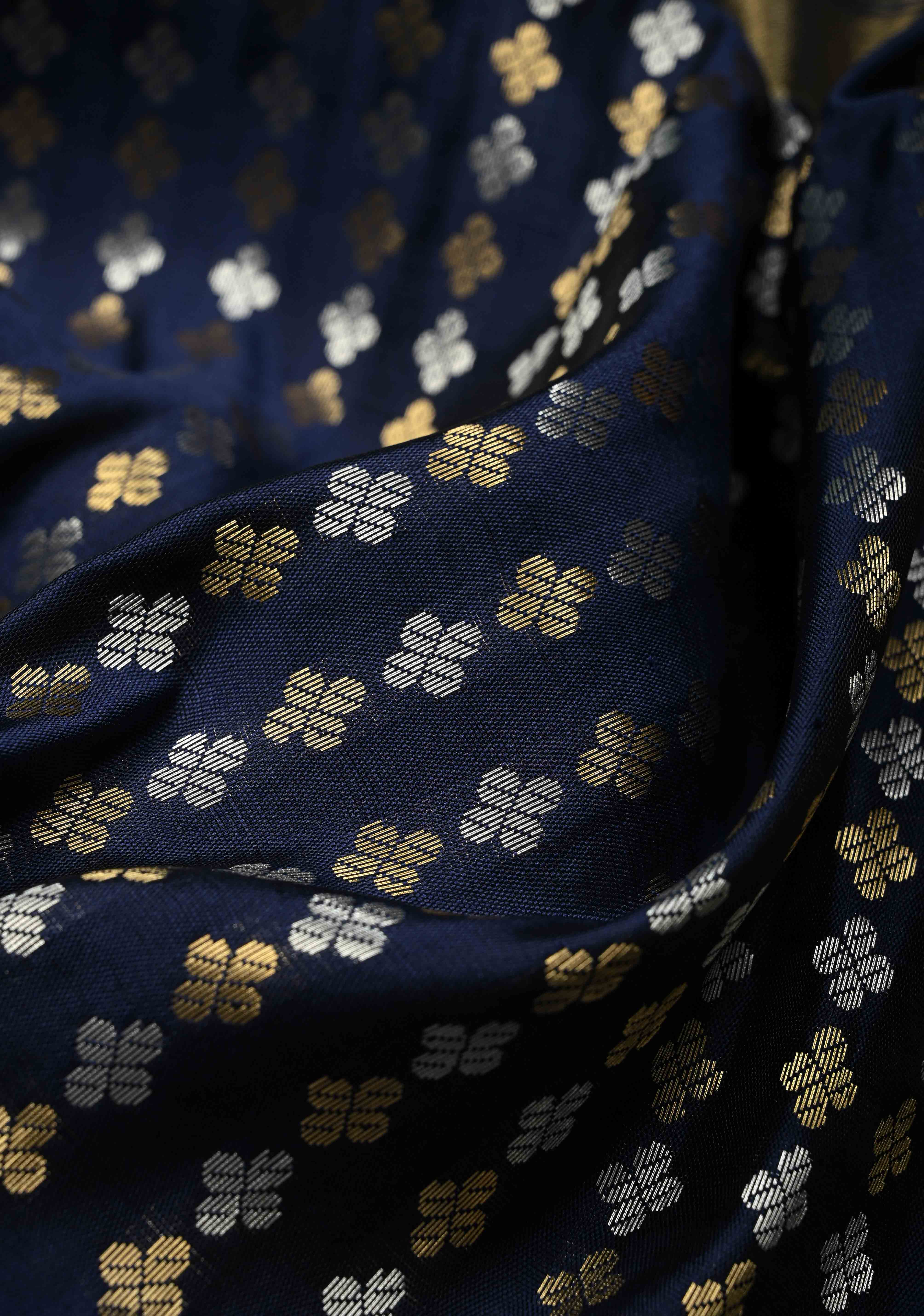 Navy Blue Semi Silk Saree with Sona Rupa Zari Buttis Brocade and Zari Border | Shobitam