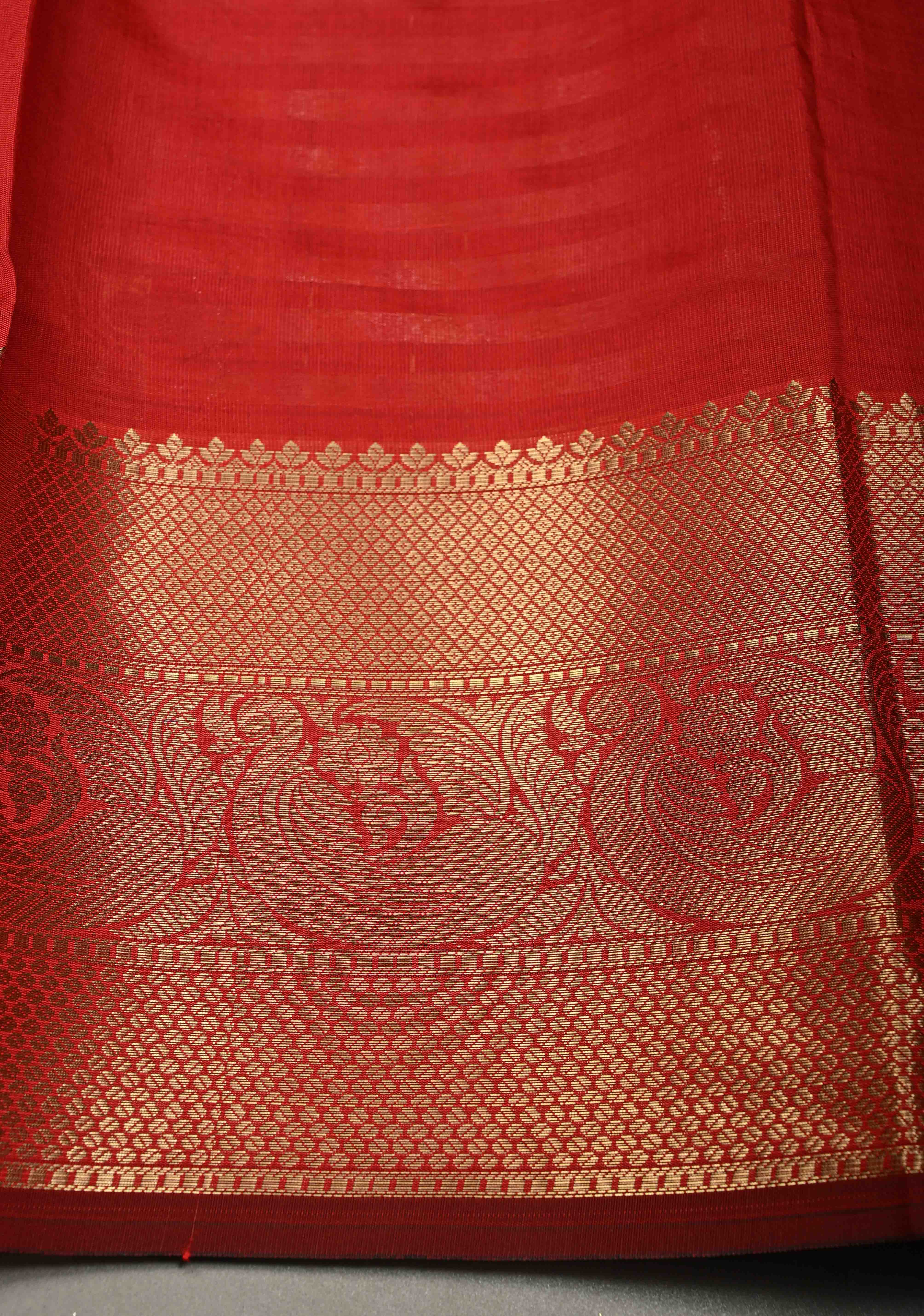 Blood Red Semi Silk Saree with Sona Rupa Zari Buttis Brocade and Zari Border | Shobitam