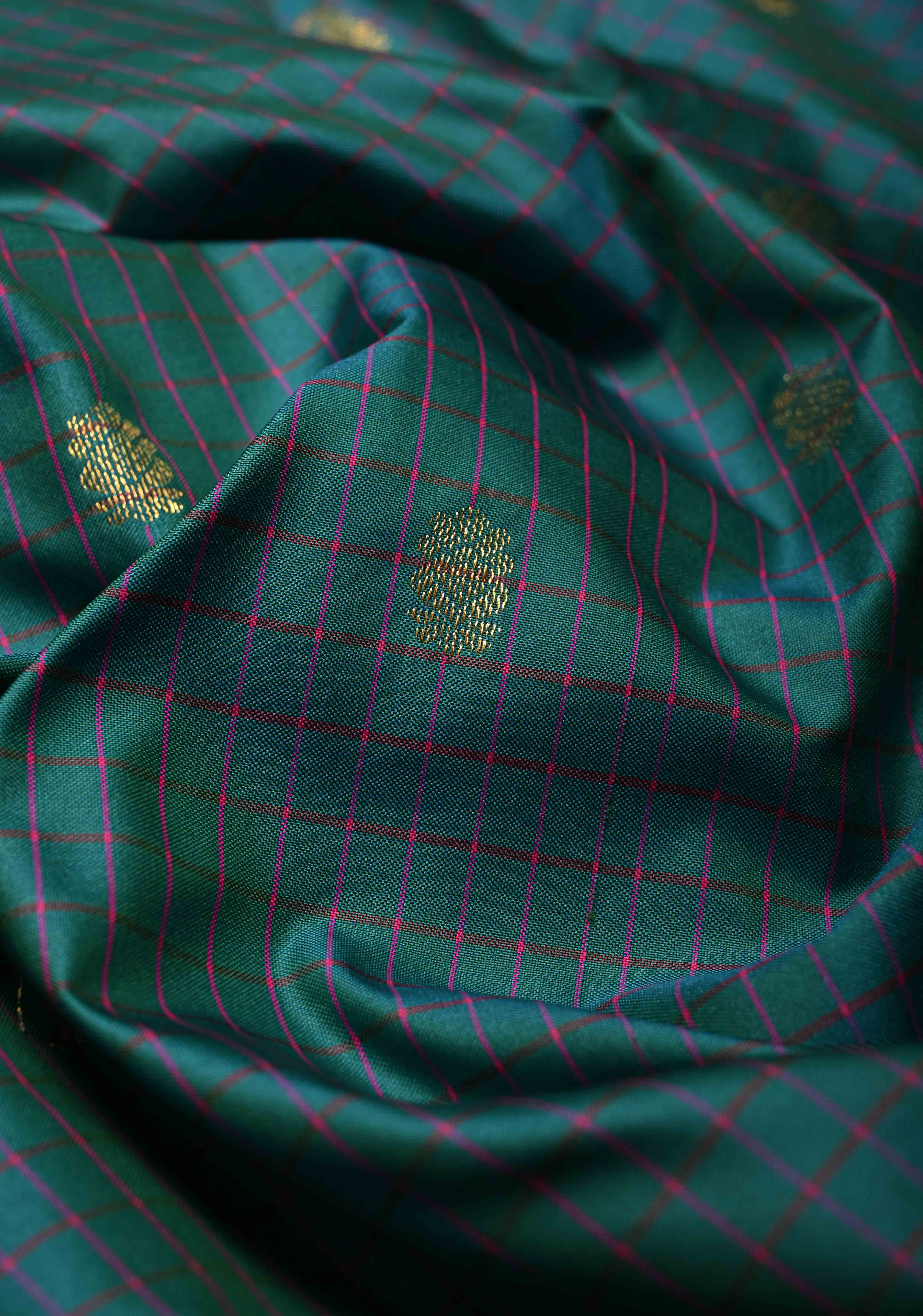 Peacock Green-Blue Dual tone Checks on Art Semi Gadwal Silk Saree with Zari Buttas and Contrast Zari Border | Shobitam