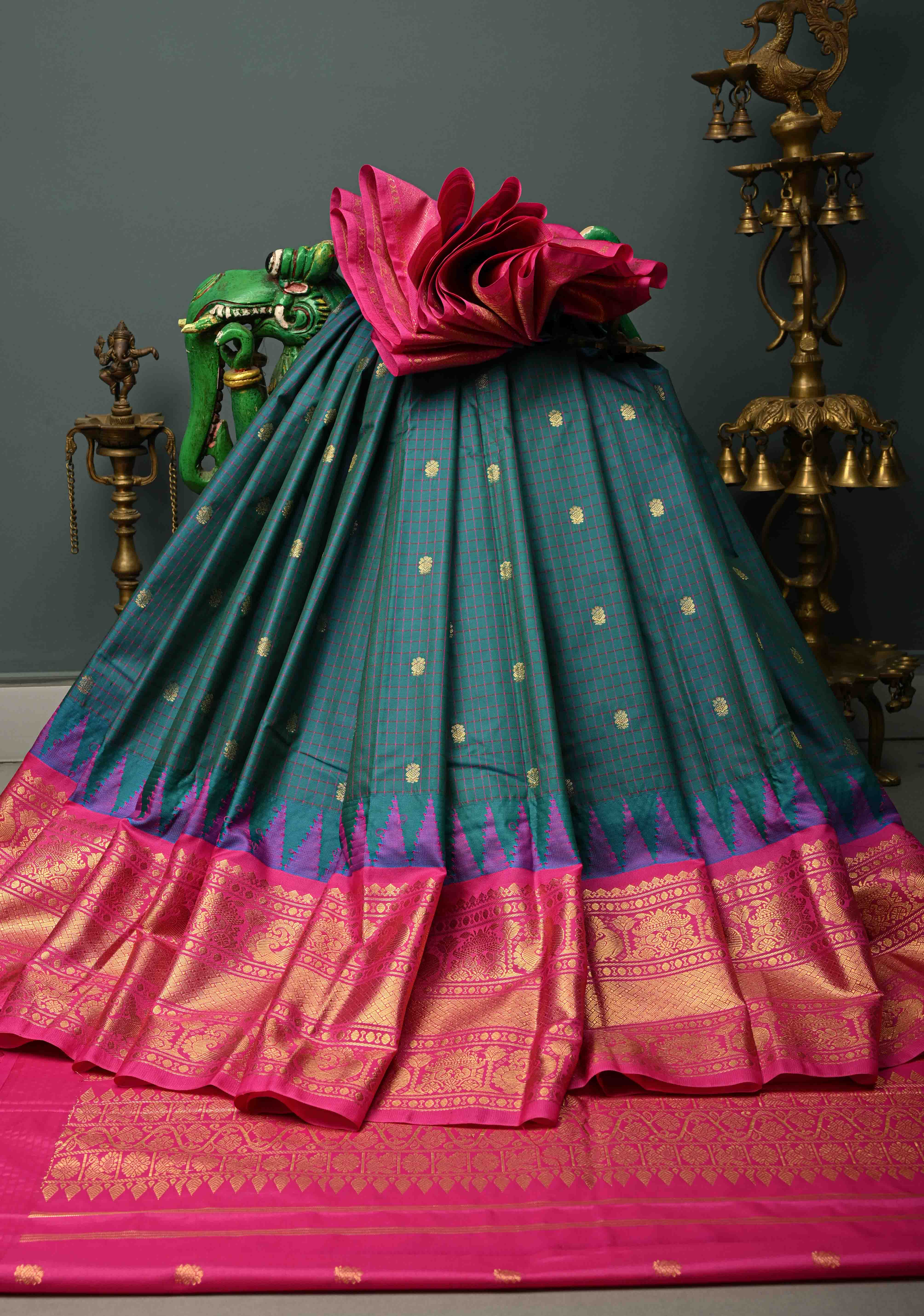 Peacock Green-Blue Dual tone Checks on Art Semi Gadwal Silk Saree with Zari Buttas and Contrast Zari Border | Shobitam