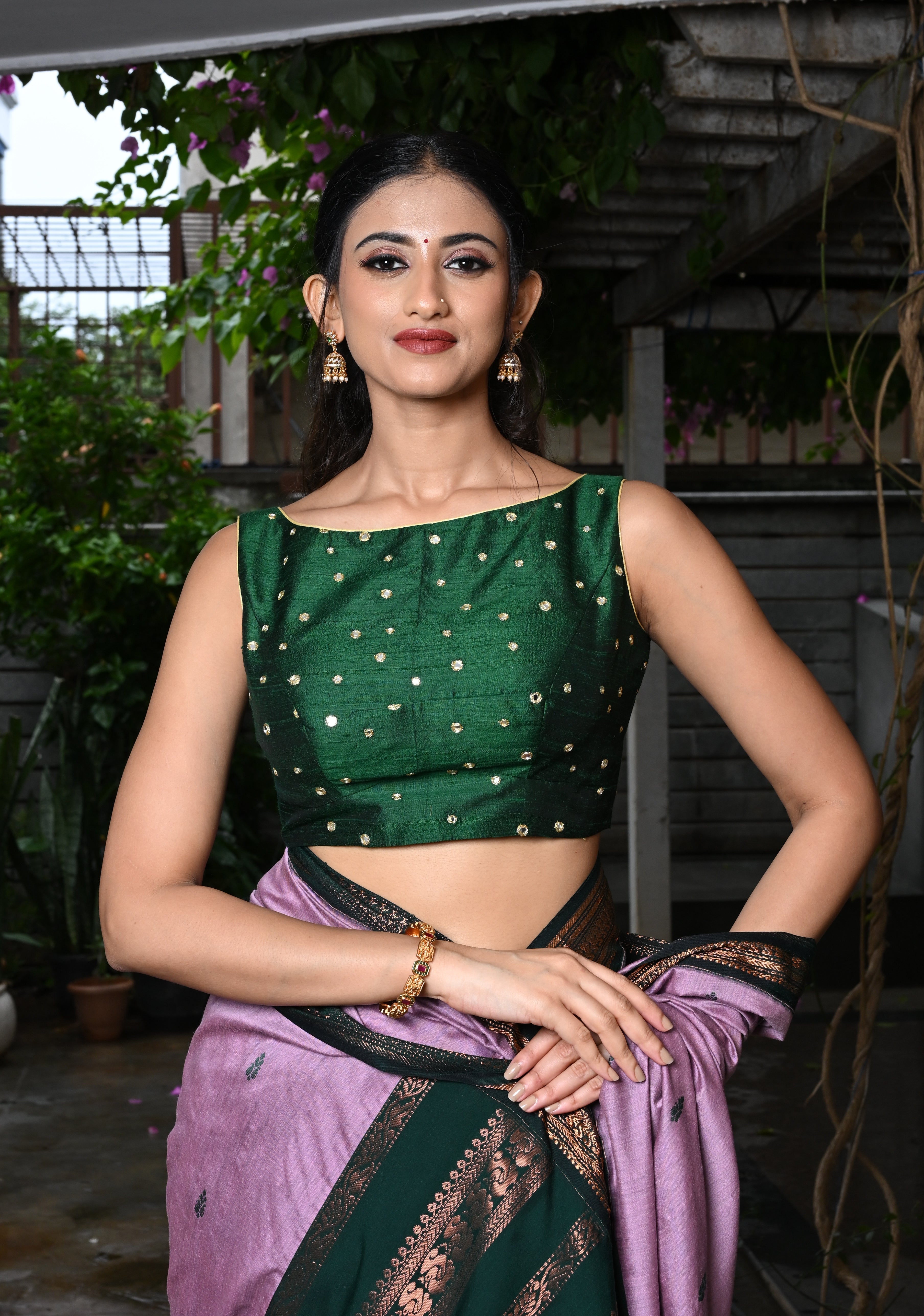 Green Pure Raw Silk Sleeveless Blouse with Boat Neck and Mirror Work, Customizable, Made to Order | Shobitam