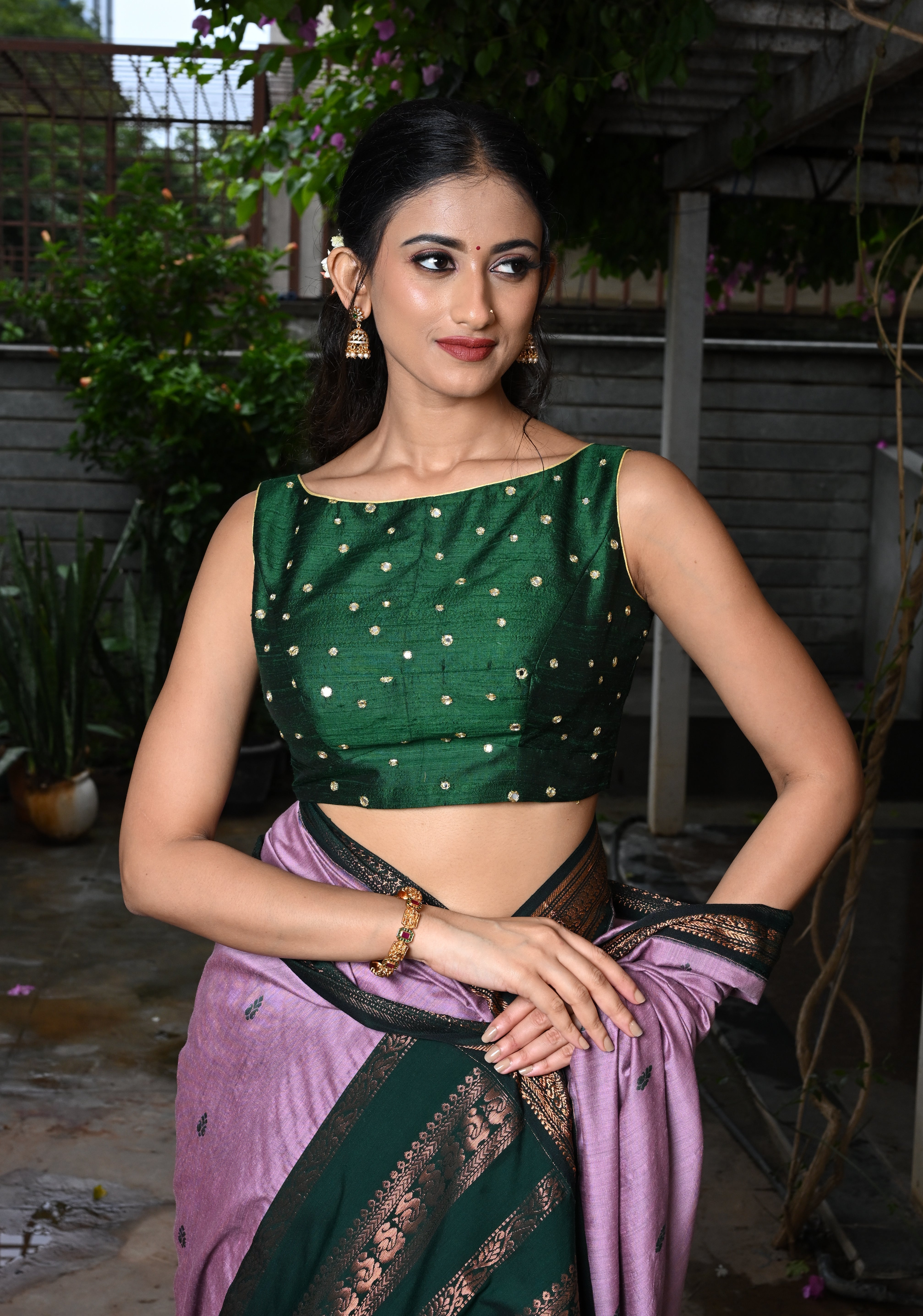 Green Pure Raw Silk Sleeveless Blouse with Boat Neck and Mirror Work, Customizable, Made to Order | Shobitam