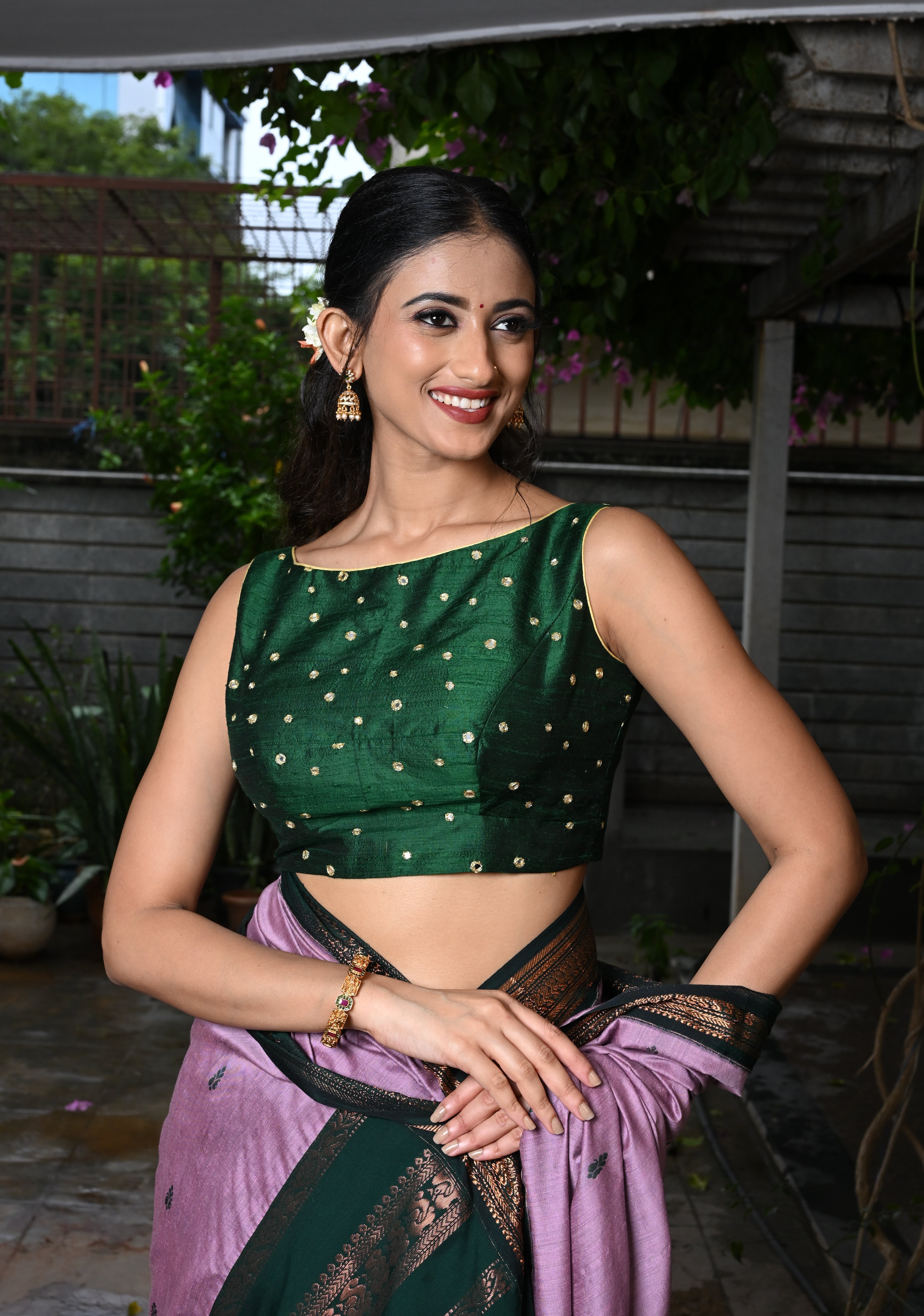 Green Pure Raw Silk Sleeveless Blouse with Boat Neck and Mirror Work, Customizable, Made to Order | Shobitam