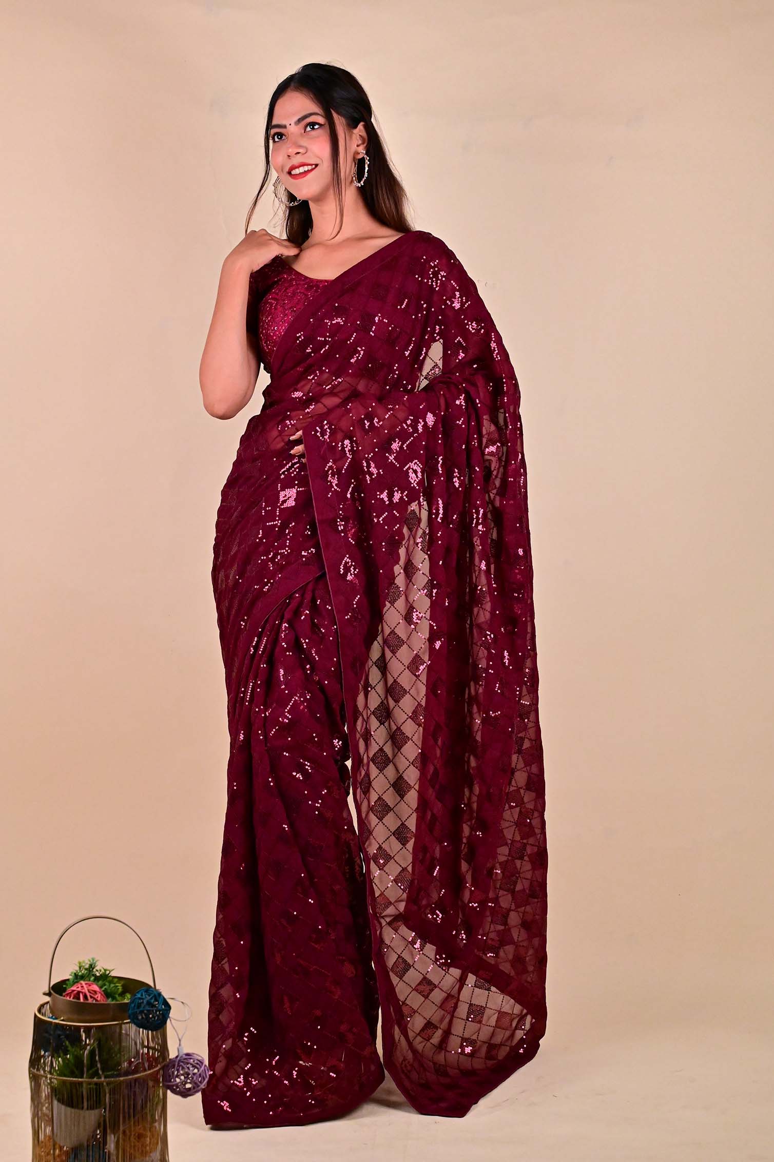 Ready To Wear Glamorous Embellished Red sequins Work All Over Wrap in 1 minute saree - Isadora Life