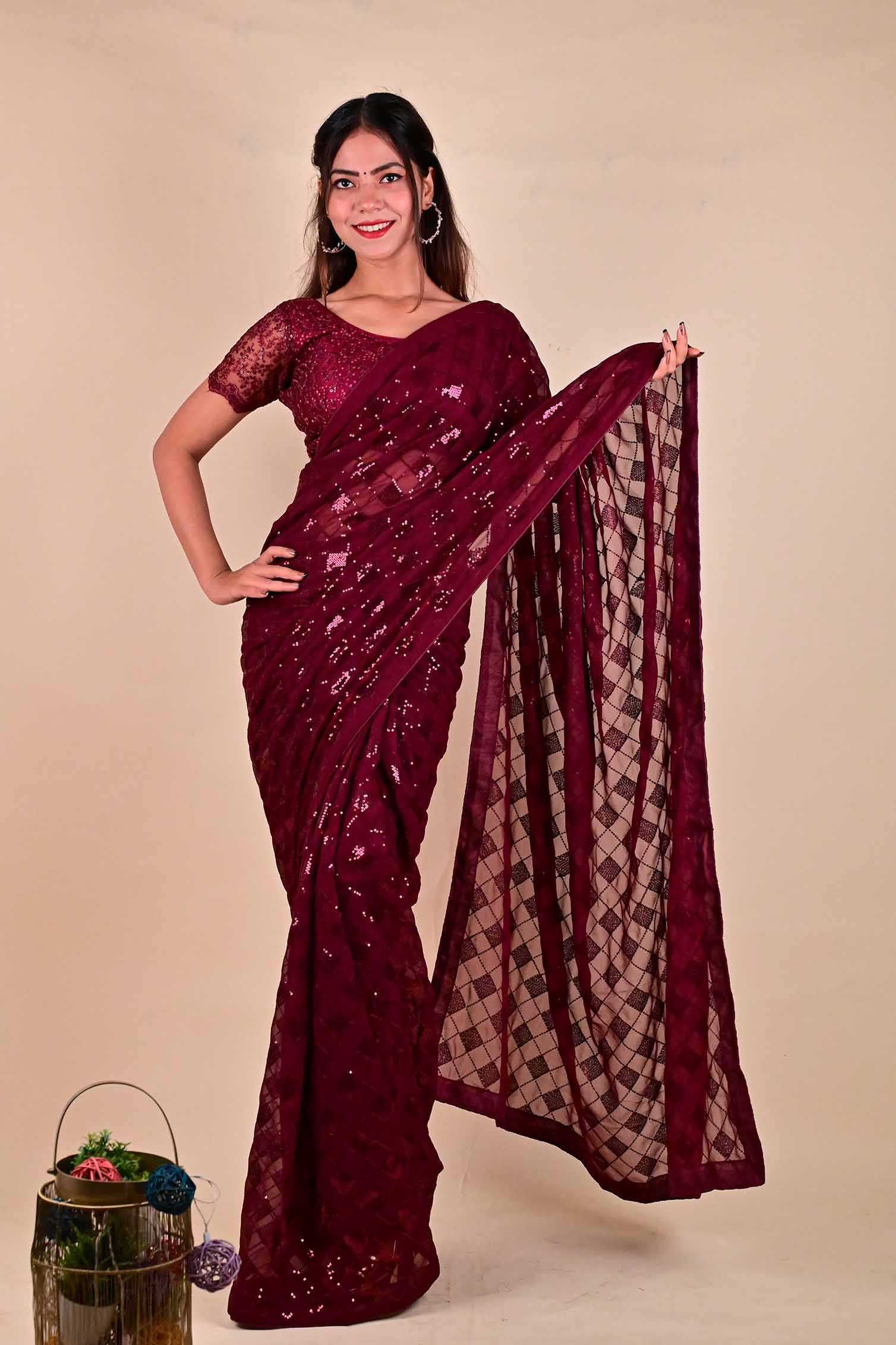 Ready To Wear Glamorous Embellished Red sequins Work All Over Wrap in 1 minute saree - Isadora Life