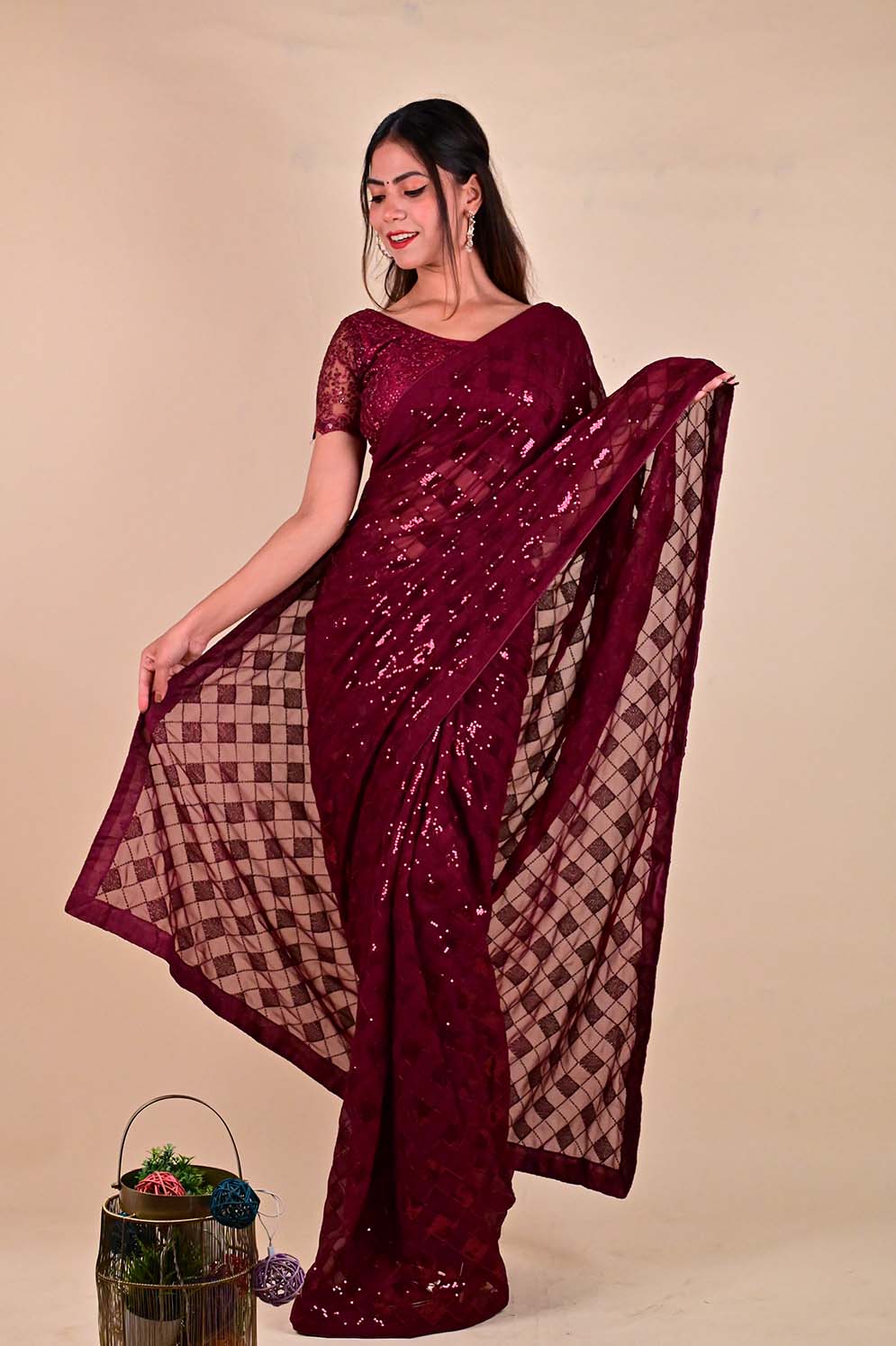 Ready To Wear Glamorous Embellished Red sequins Work All Over Wrap in 1 minute saree - Isadora Life
