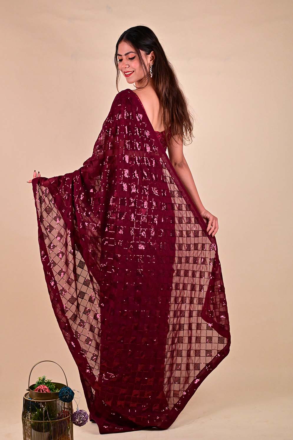 Ready To Wear Glamorous Embellished Red sequins Work All Over Wrap in 1 minute saree - Isadora Life