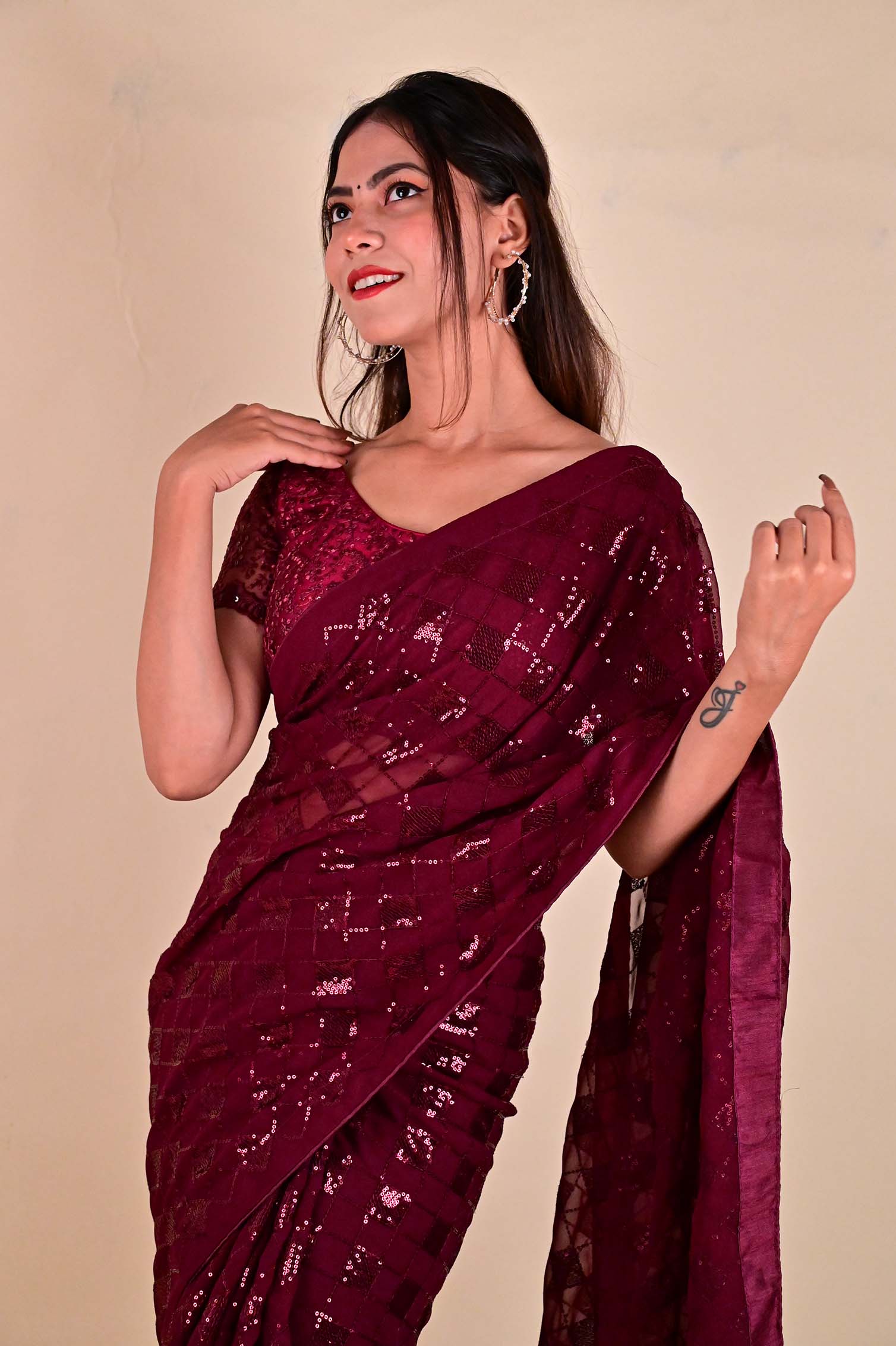 Ready To Wear Glamorous Embellished Red sequins Work All Over Wrap in 1 minute saree - Isadora Life
