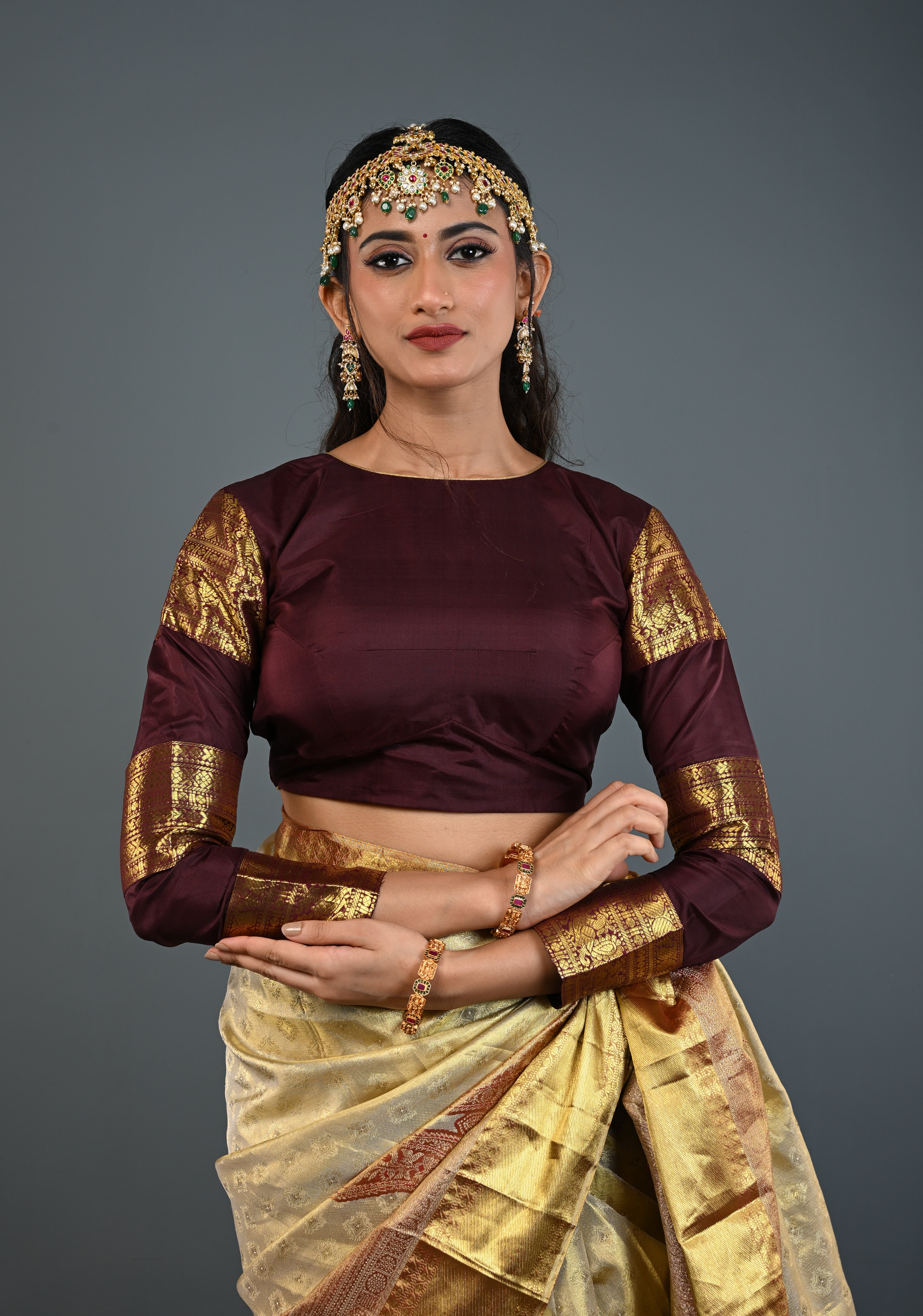 Chocolate Brown Pure Silk Blouse with 3 Zari Panels Full Sleeves and Boat Neck, Customizable, Made to Order | Shobitam