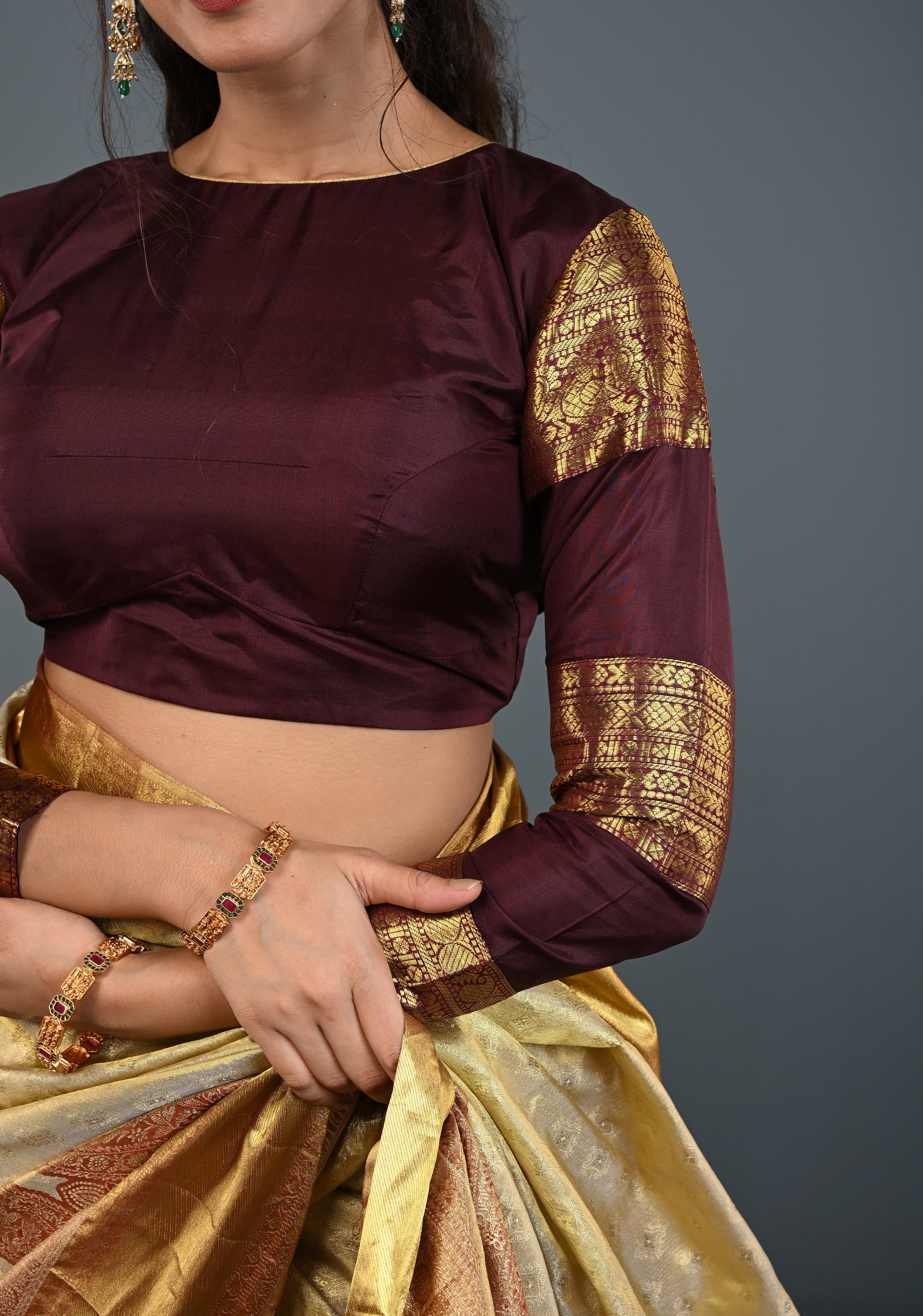 Chocolate Brown Pure Silk Blouse with 3 Zari Panels Full Sleeves and Boat Neck, Customizable, Made to Order | Shobitam