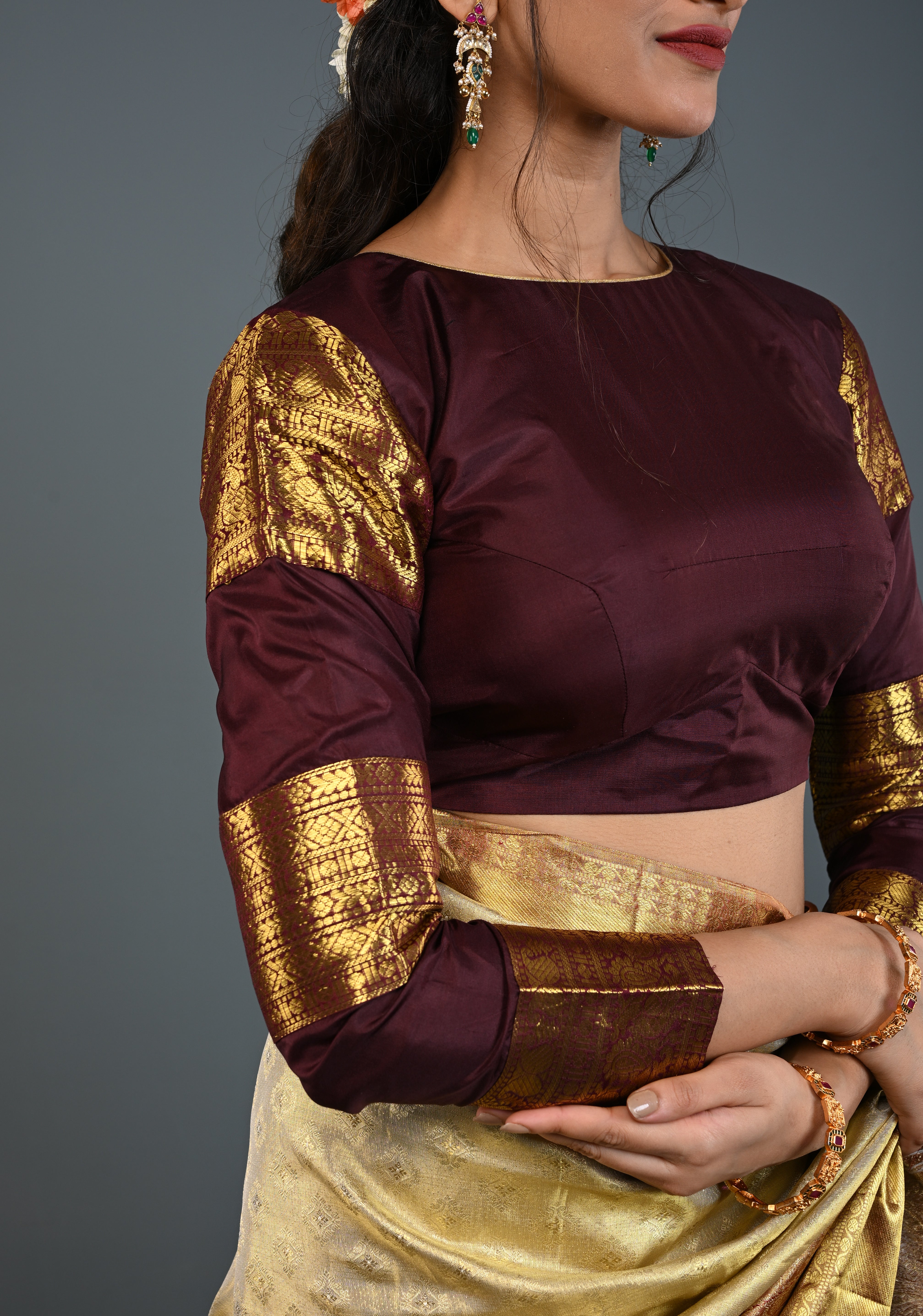 Chocolate Brown Pure Silk Blouse with 3 Zari Panels Full Sleeves and Boat Neck, Customizable, Made to Order | Shobitam