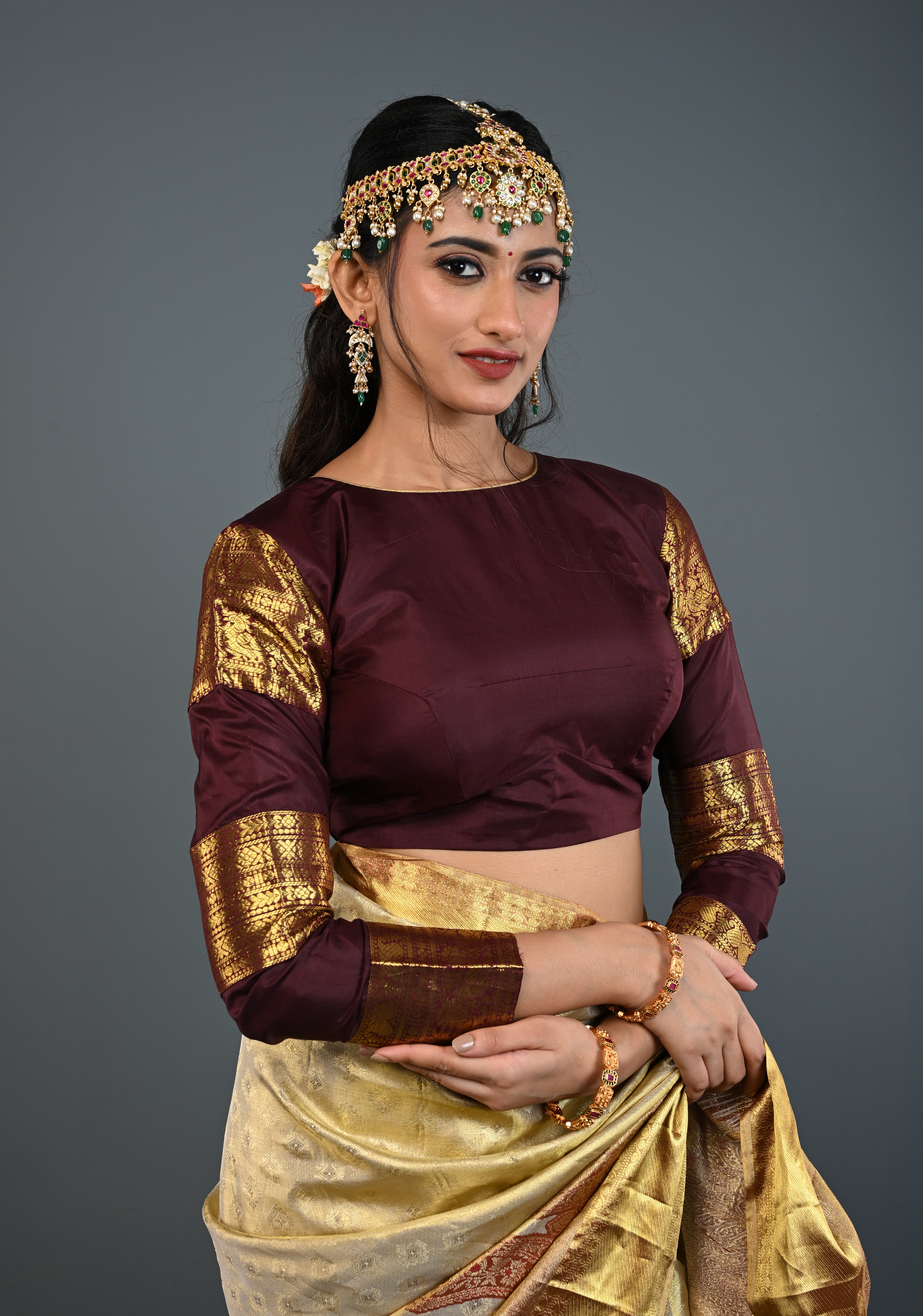 Chocolate Brown Pure Silk Blouse with 3 Zari Panels Full Sleeves and Boat Neck, Customizable, Made to Order | Shobitam