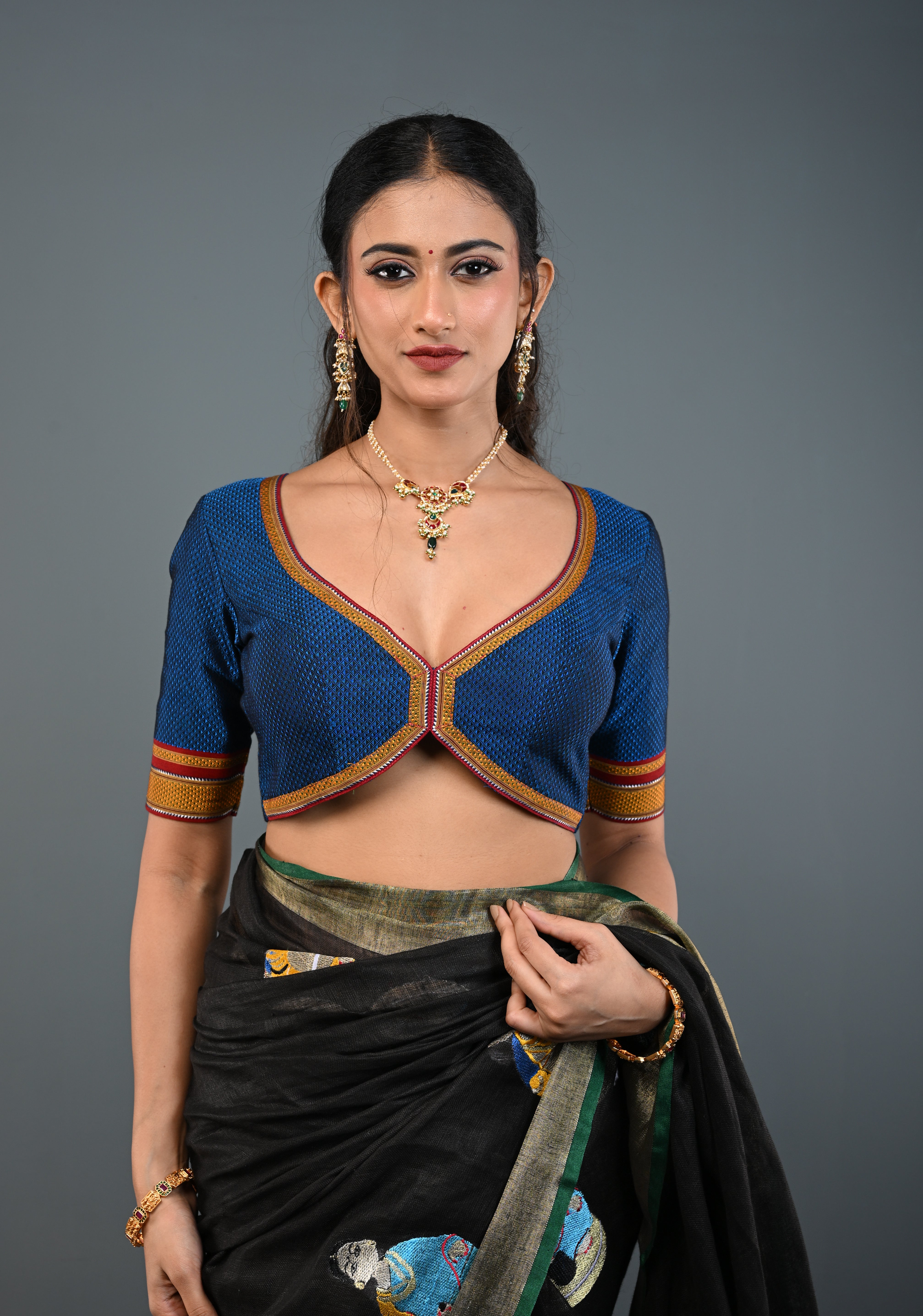 Blue-Black Khana Silk Blouse with V Neck and Cutout Design on Back, Customizable, Made to Order | Shobitam
