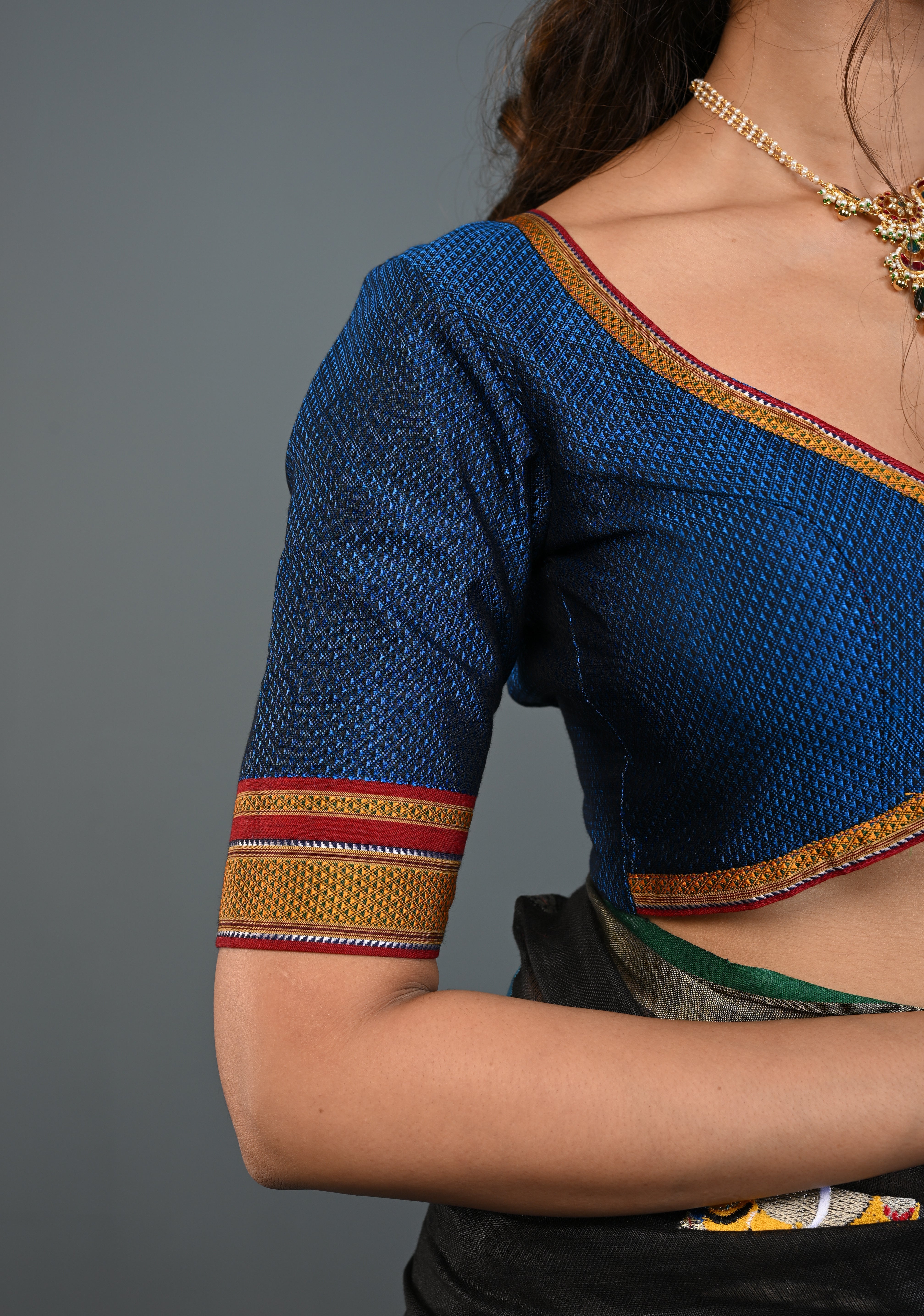 Blue-Black Khana Silk Blouse with V Neck and Cutout Design on Back, Customizable, Made to Order | Shobitam