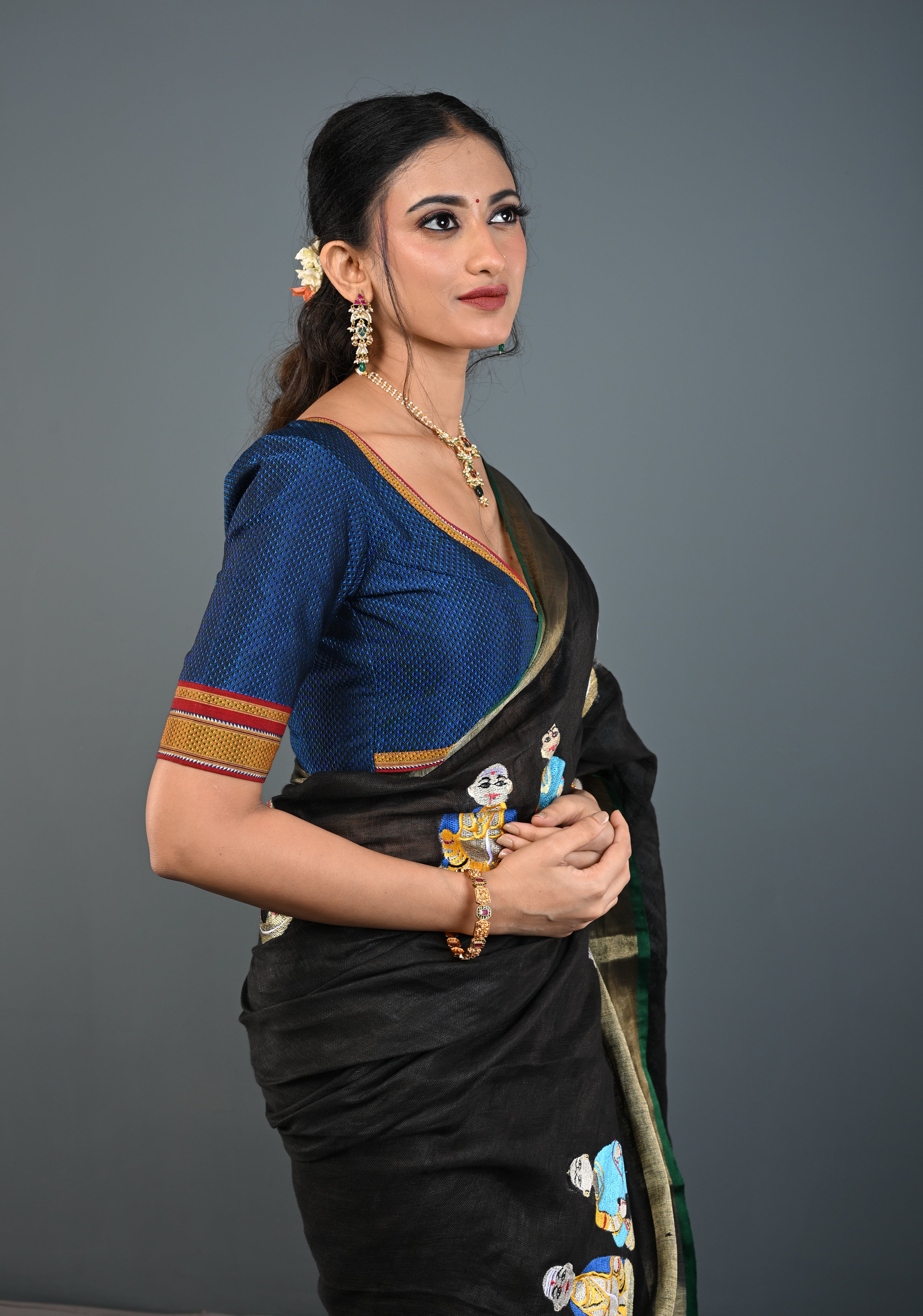 Blue-Black Khana Silk Blouse with V Neck and Cutout Design on Back, Customizable, Made to Order | Shobitam