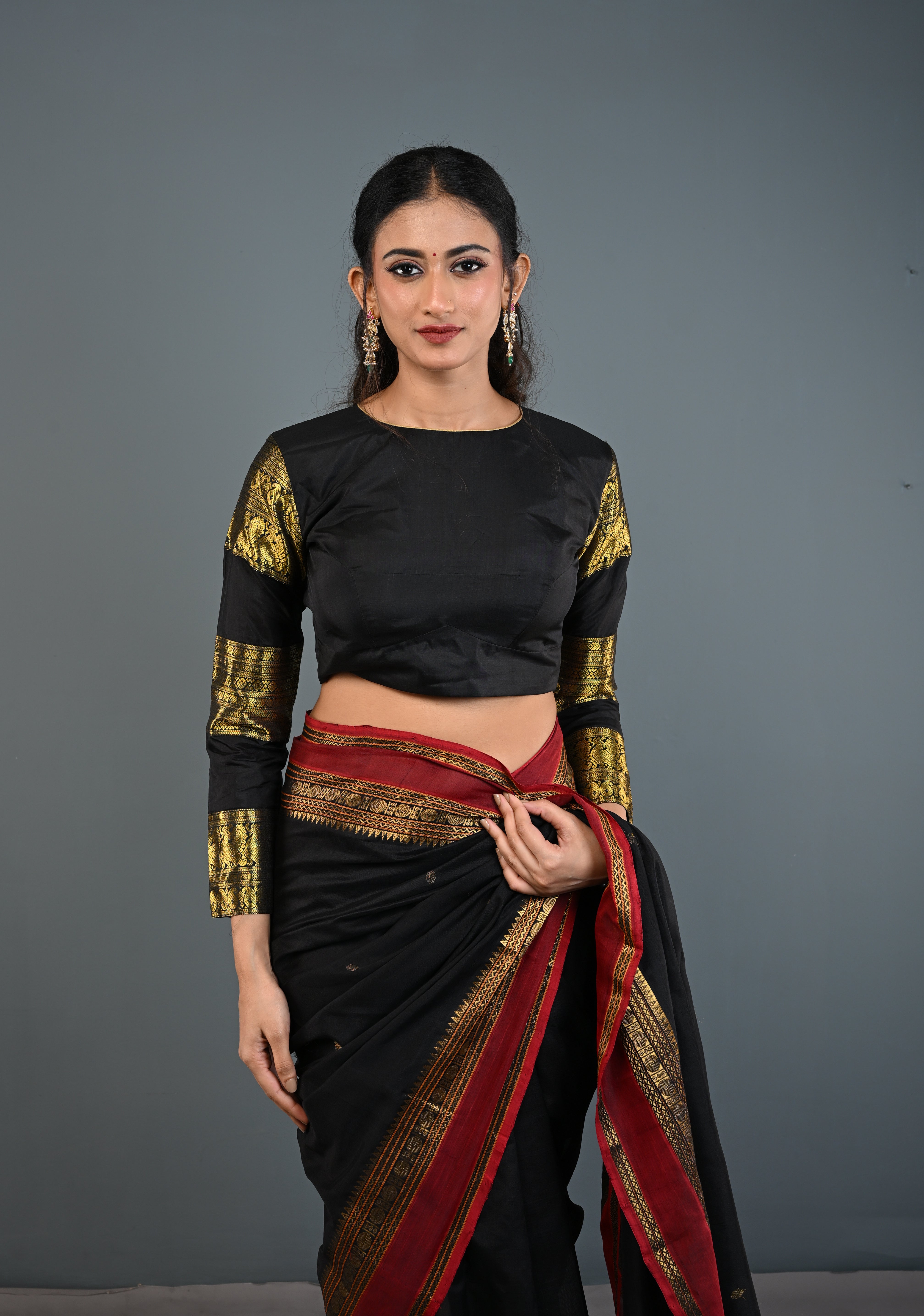 Black Pure Silk 3 Zari Panels Full Sleeves Blouse with Boat Neck and Potli Buttons, Customizable, Made to Order | Shobitam