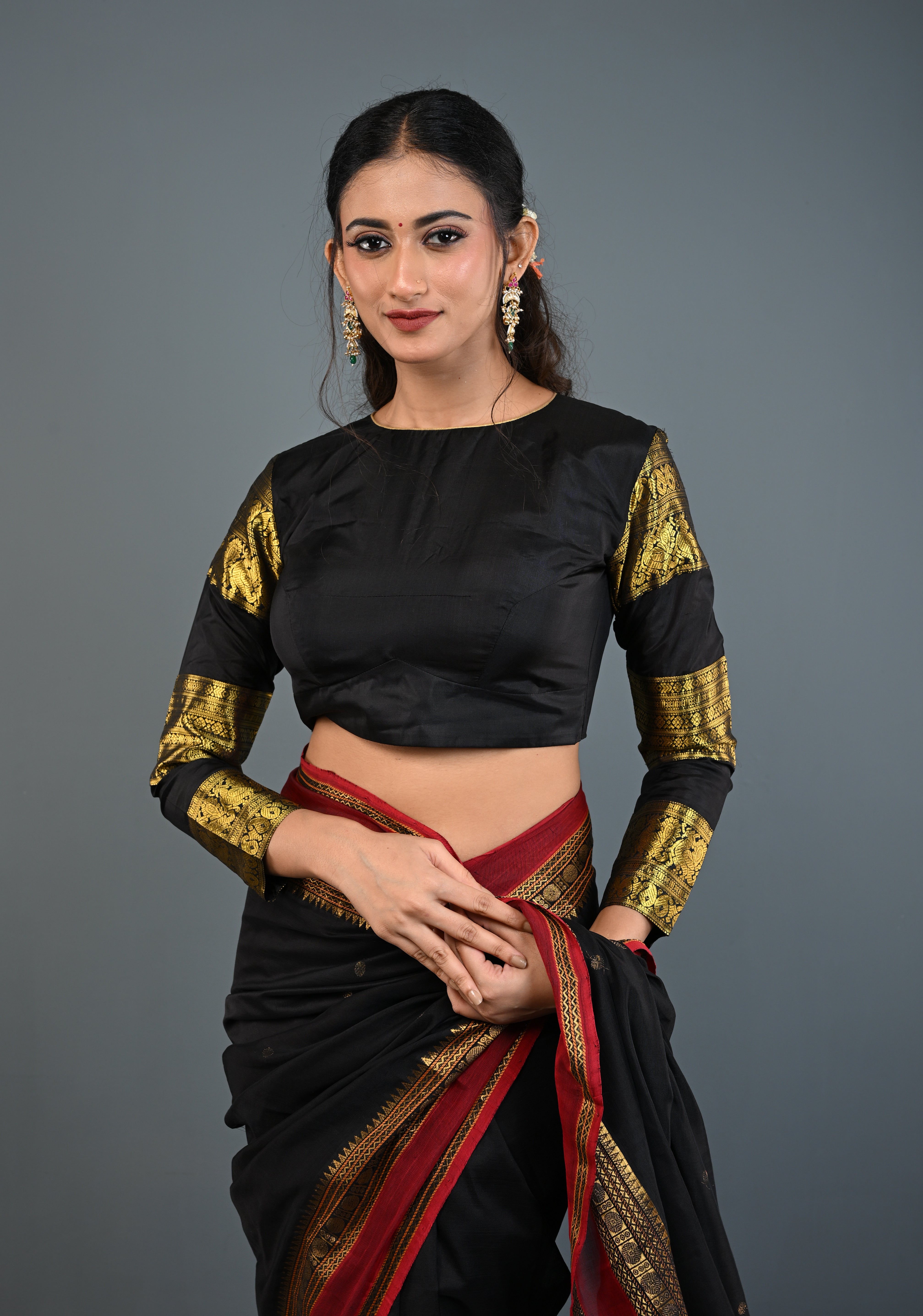 Black Pure Silk 3 Zari Panels Full Sleeves Blouse with Boat Neck and Potli Buttons, Customizable, Made to Order | Shobitam