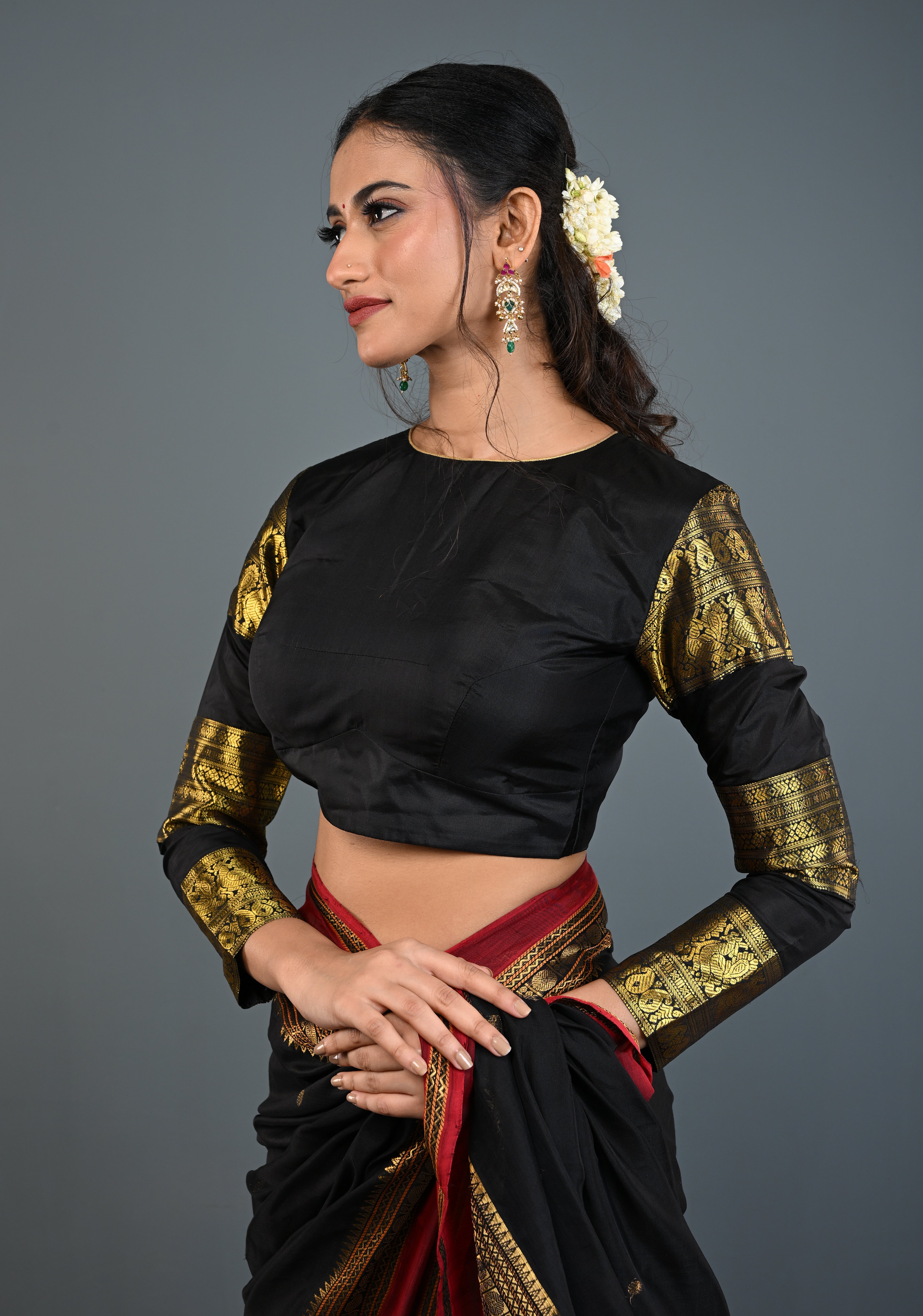 Black Pure Silk 3 Zari Panels Full Sleeves Blouse with Boat Neck and Potli Buttons, Customizable, Made to Order | Shobitam
