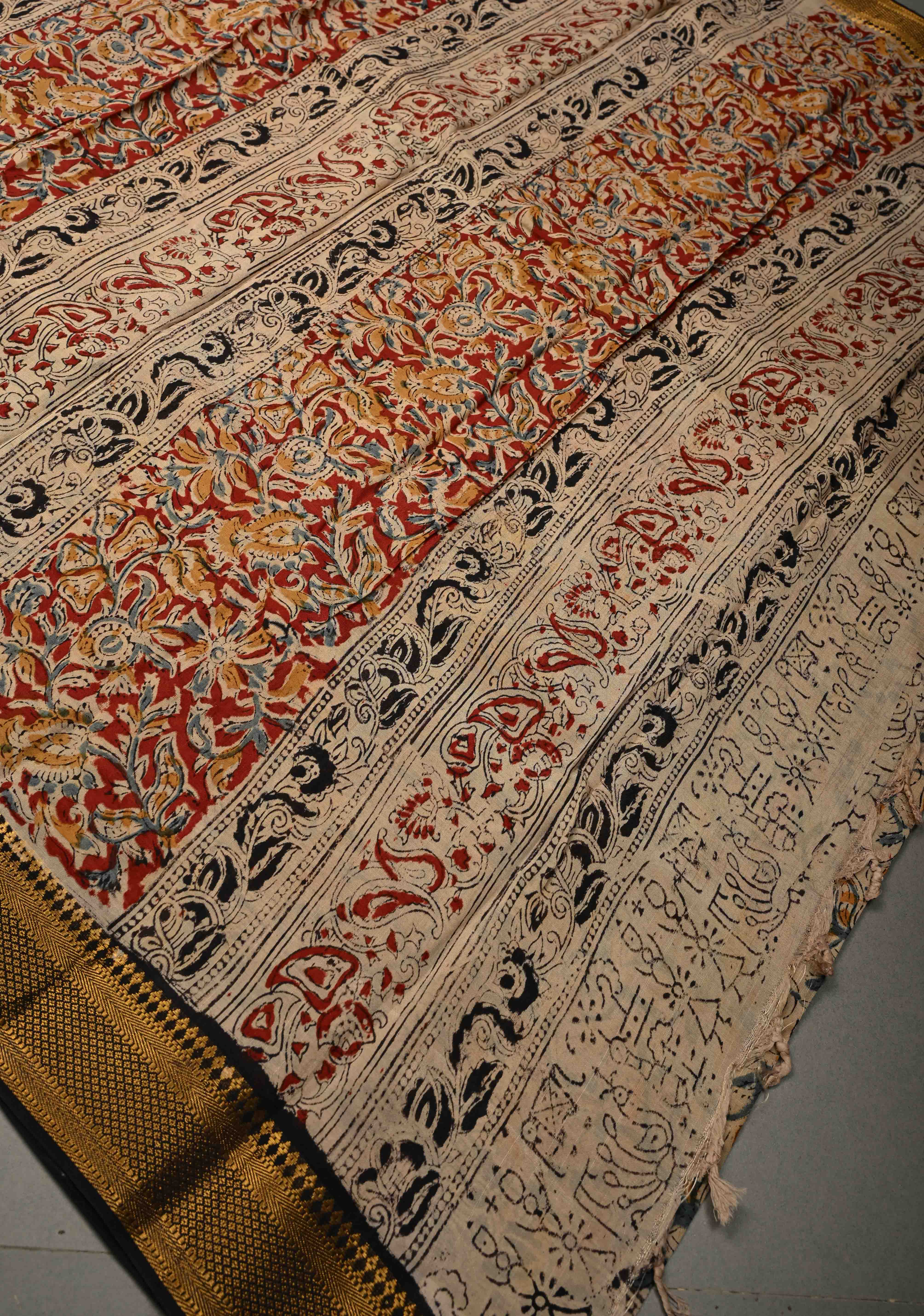 Blood Red Kalamkari Hand Block Print on Mangalagiri Cotton Saree with Nizam Zari Border | Shobitam