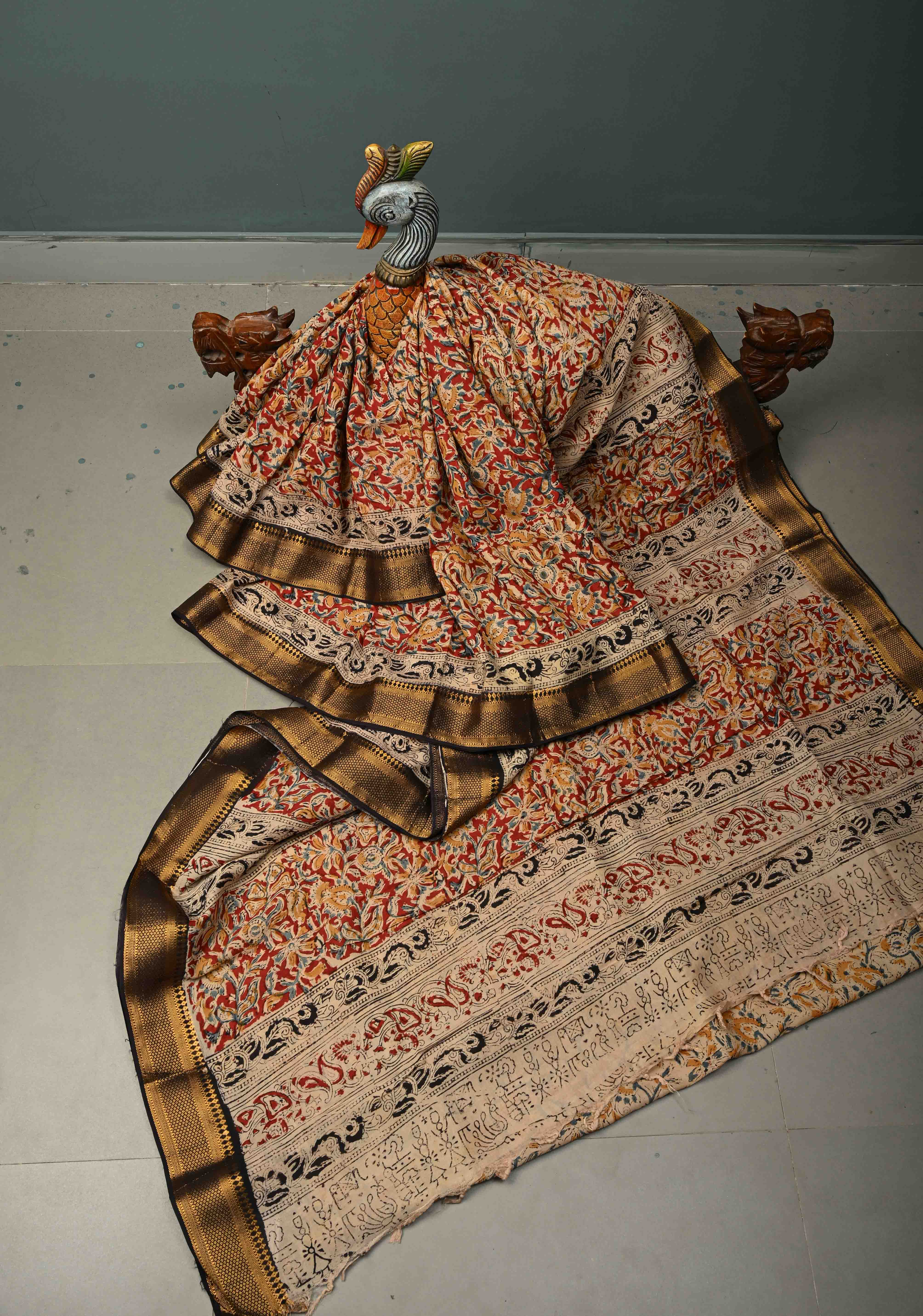 Blood Red Kalamkari Hand Block Print on Mangalagiri Cotton Saree with Nizam Zari Border | Shobitam