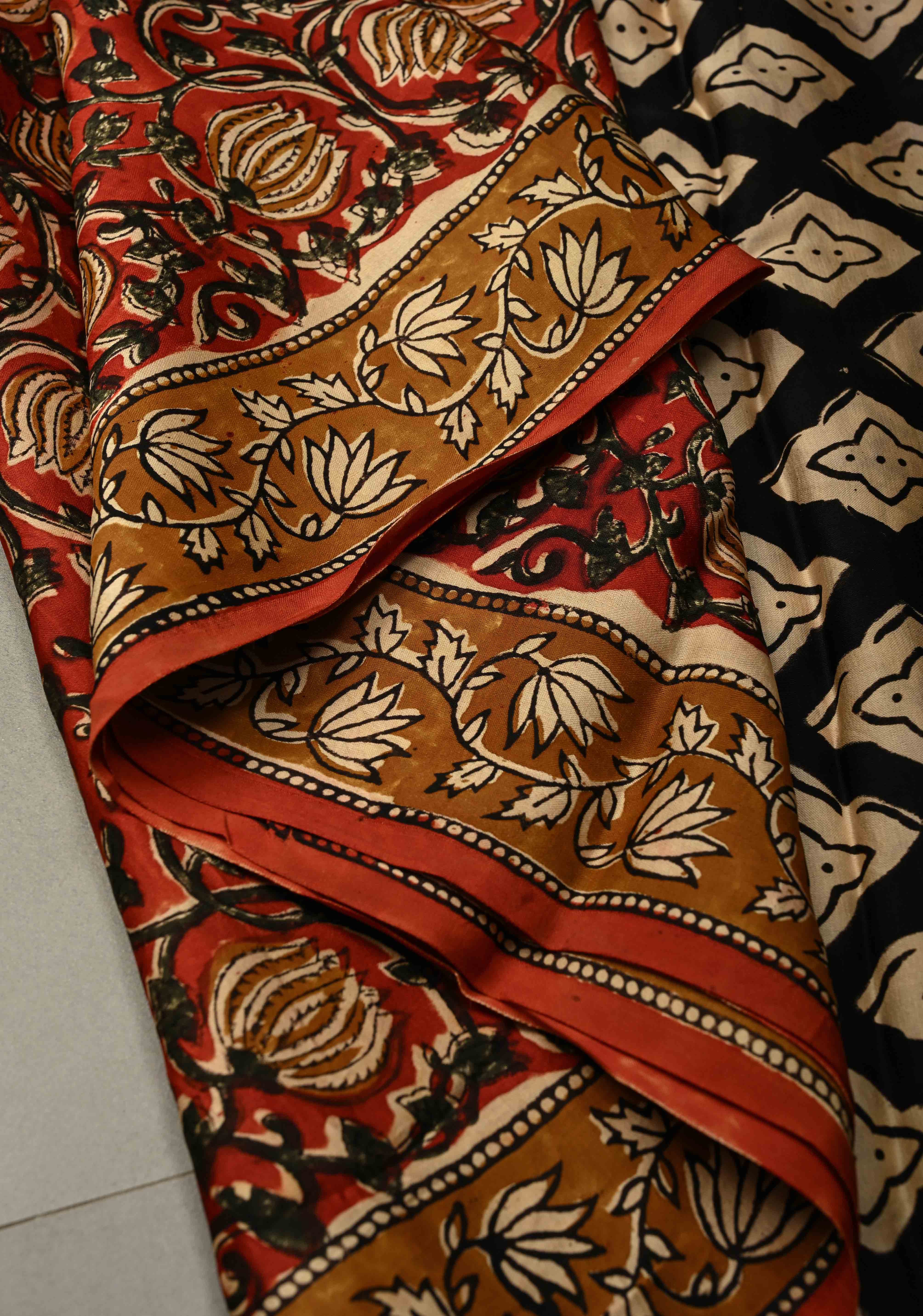 Maroon Modal Silk Saree with Sanganeri Block Print | Shobitam