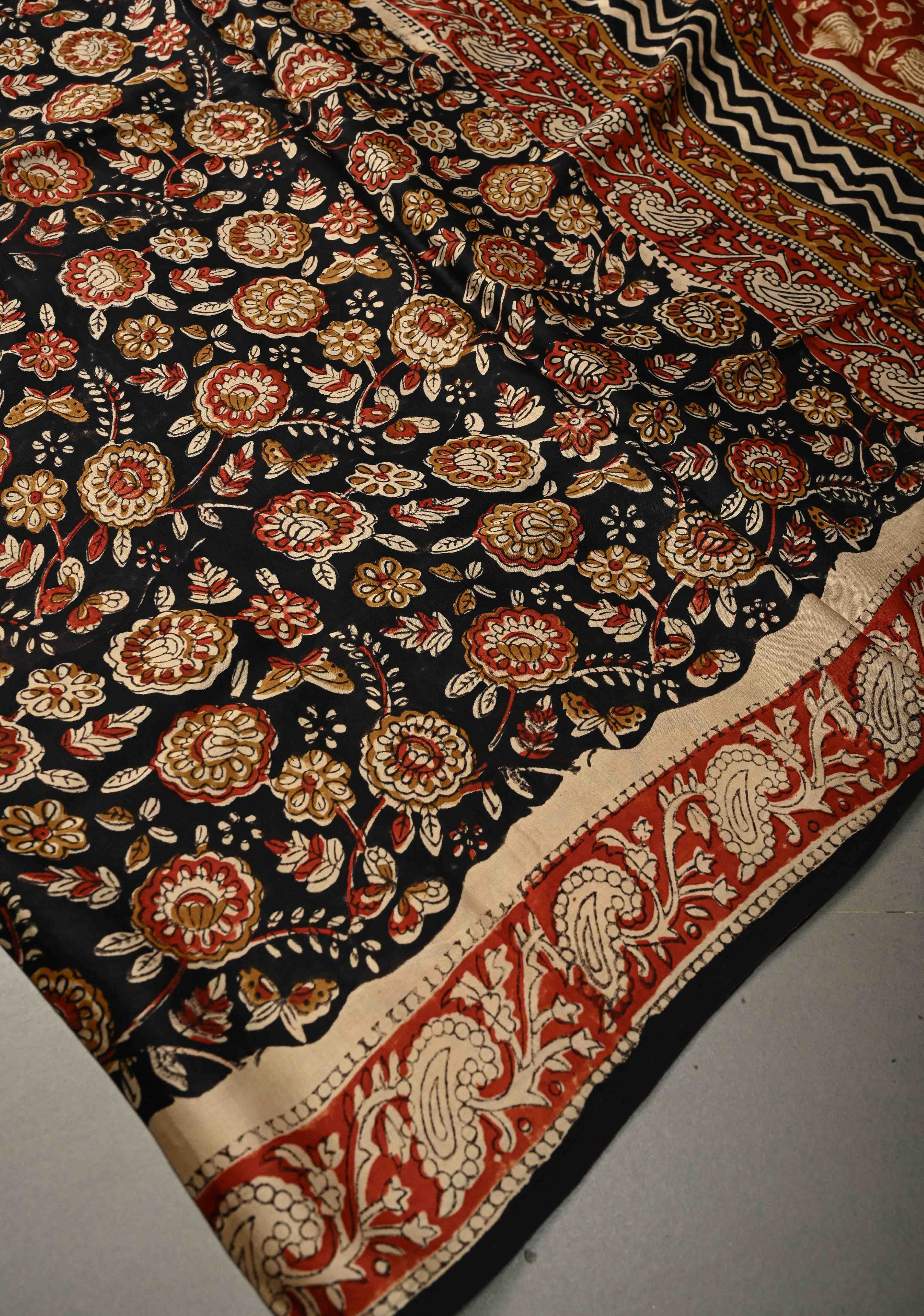 Midnight Black Modal Silk Saree with Sanganeri Block Print | Shobitam