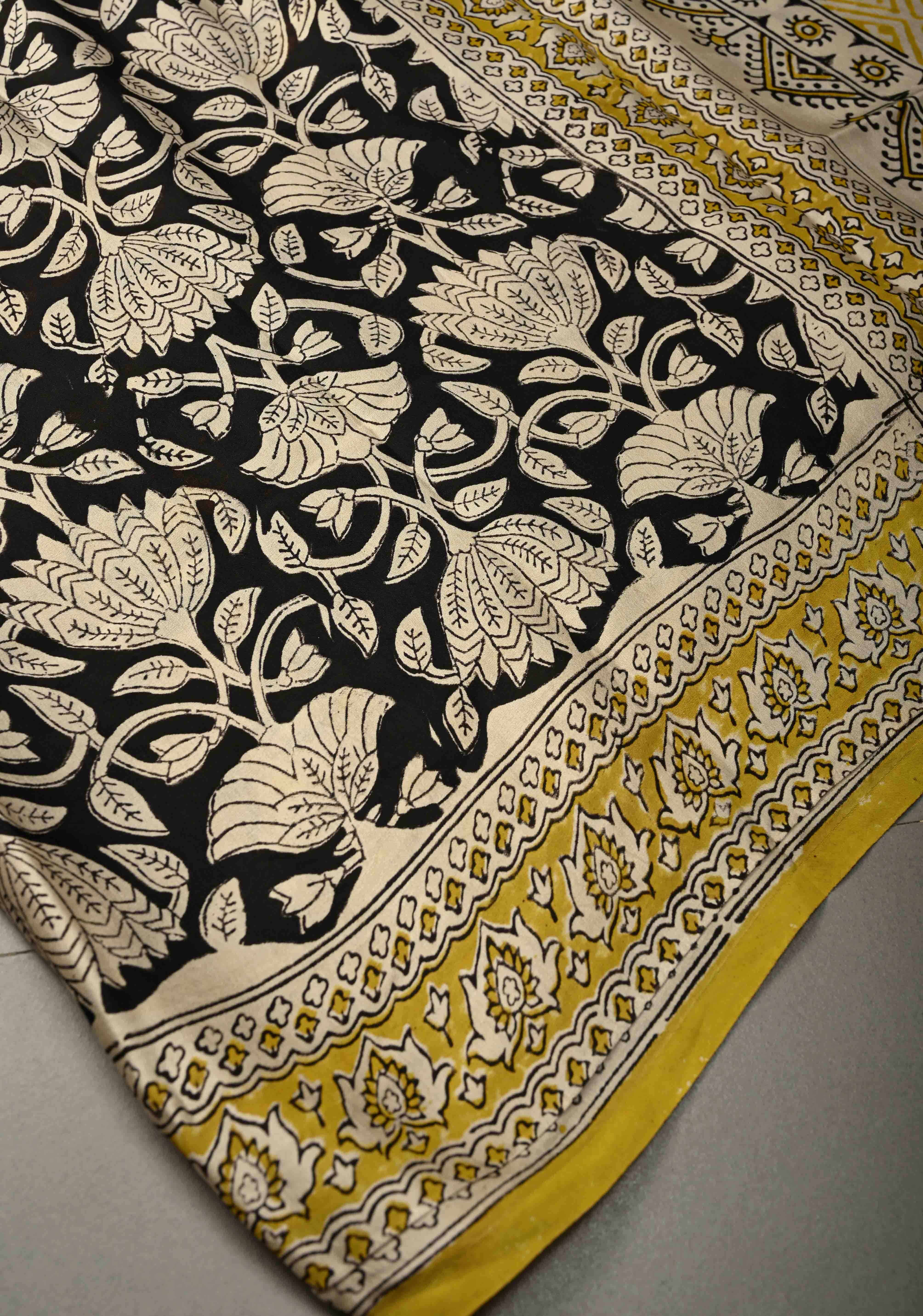 Black Modal Silk Saree with Sanganeri Block Print | Shobitam