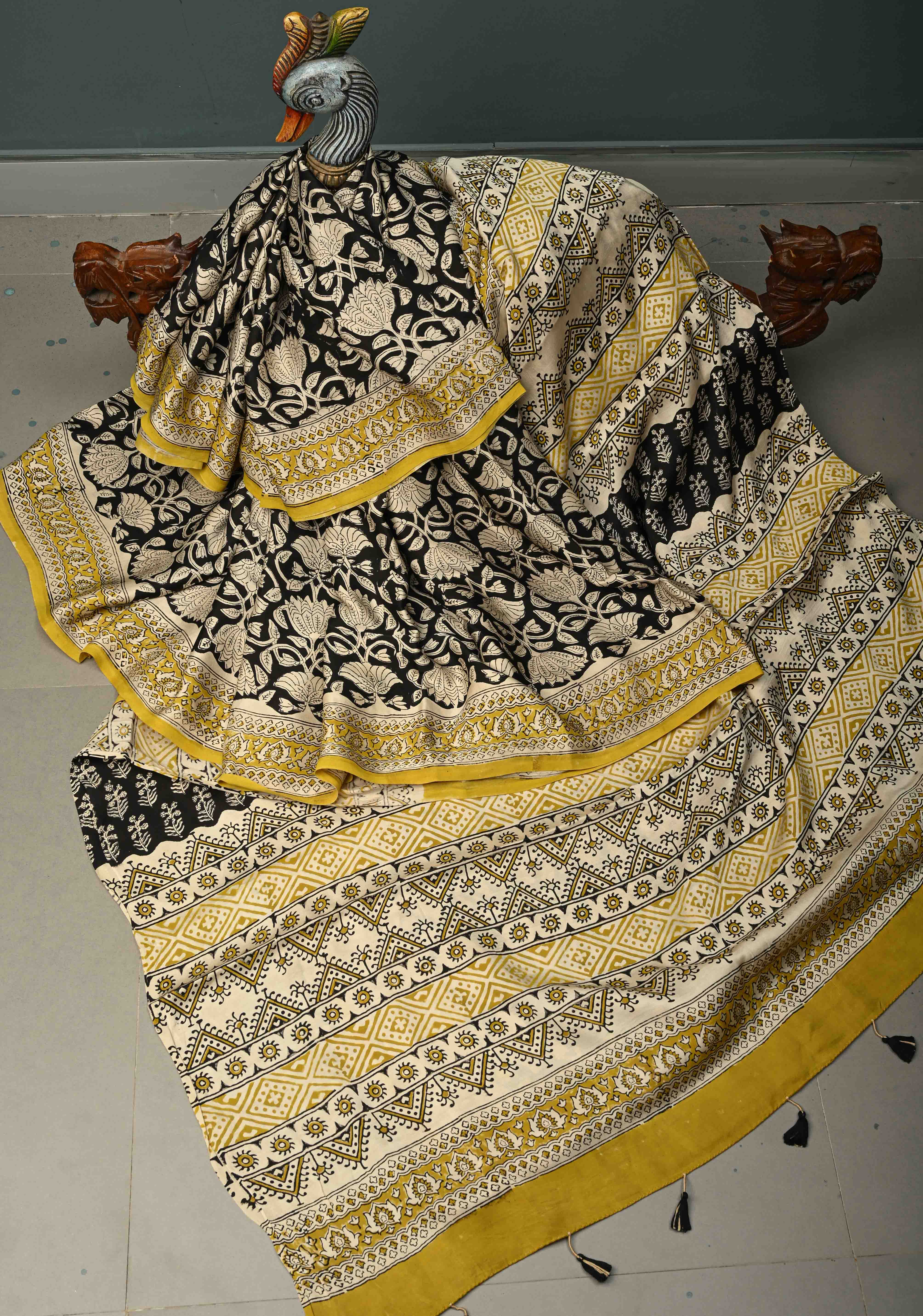 Black Modal Silk Saree with Sanganeri Block Print | Shobitam