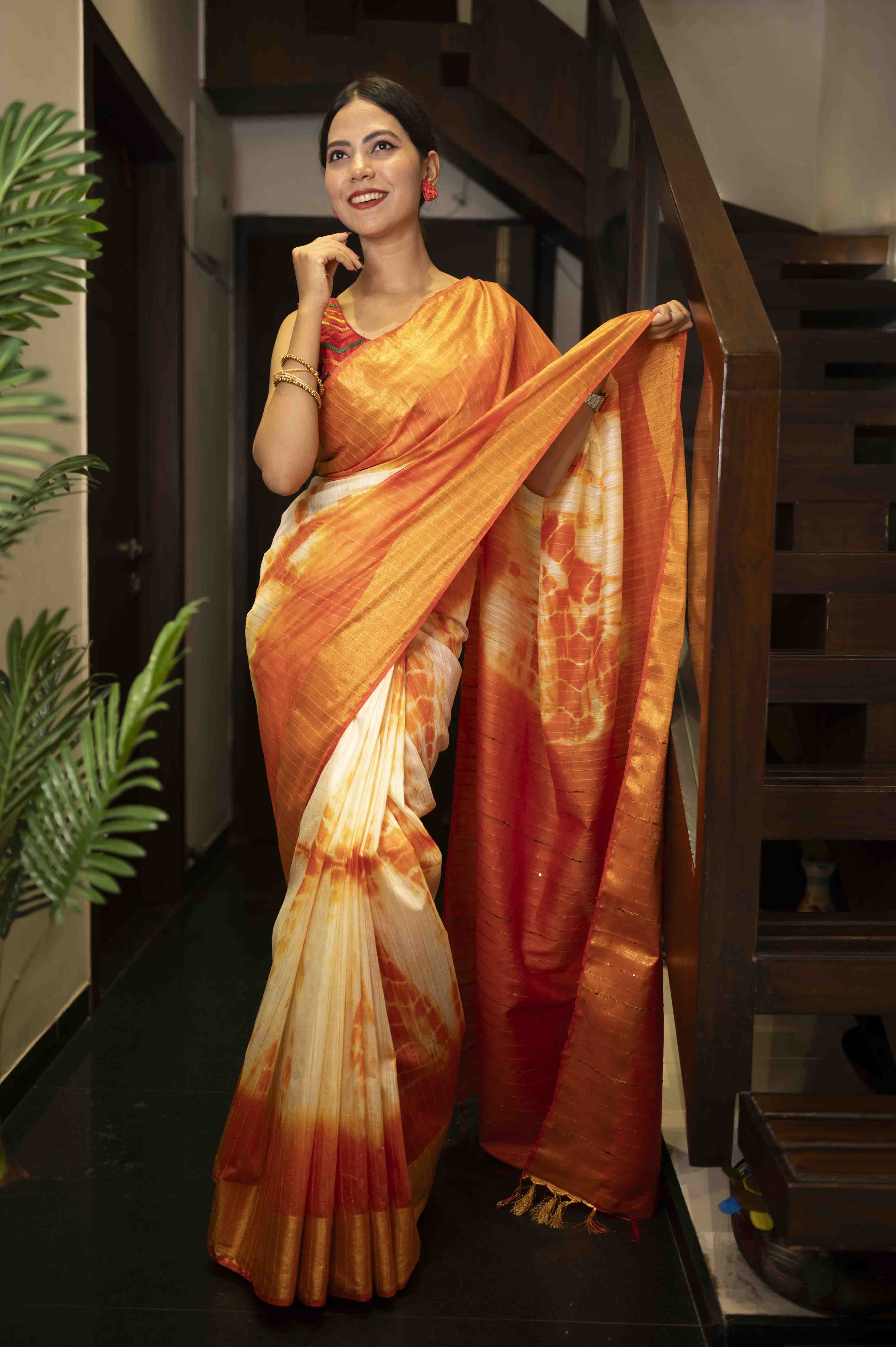 Premium Orange Shibori Bhagalpuri Cotton Silk with woven Zari and sequins With Ornate Pallo Wrap in 1 minute saree - Isadora Life