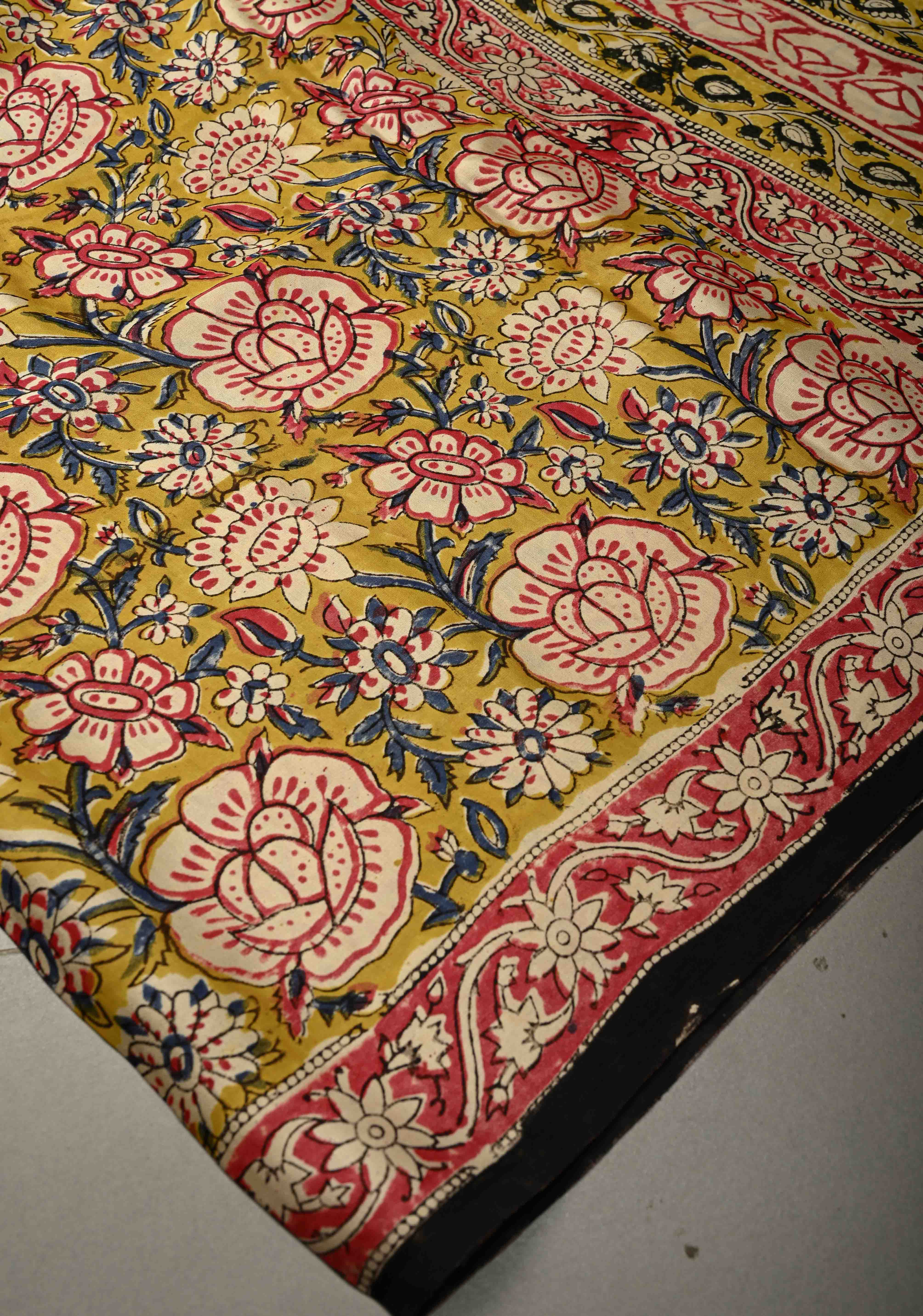 Mustard Yellow Modal Silk Saree with Sanganeri Block Print | Shobitam