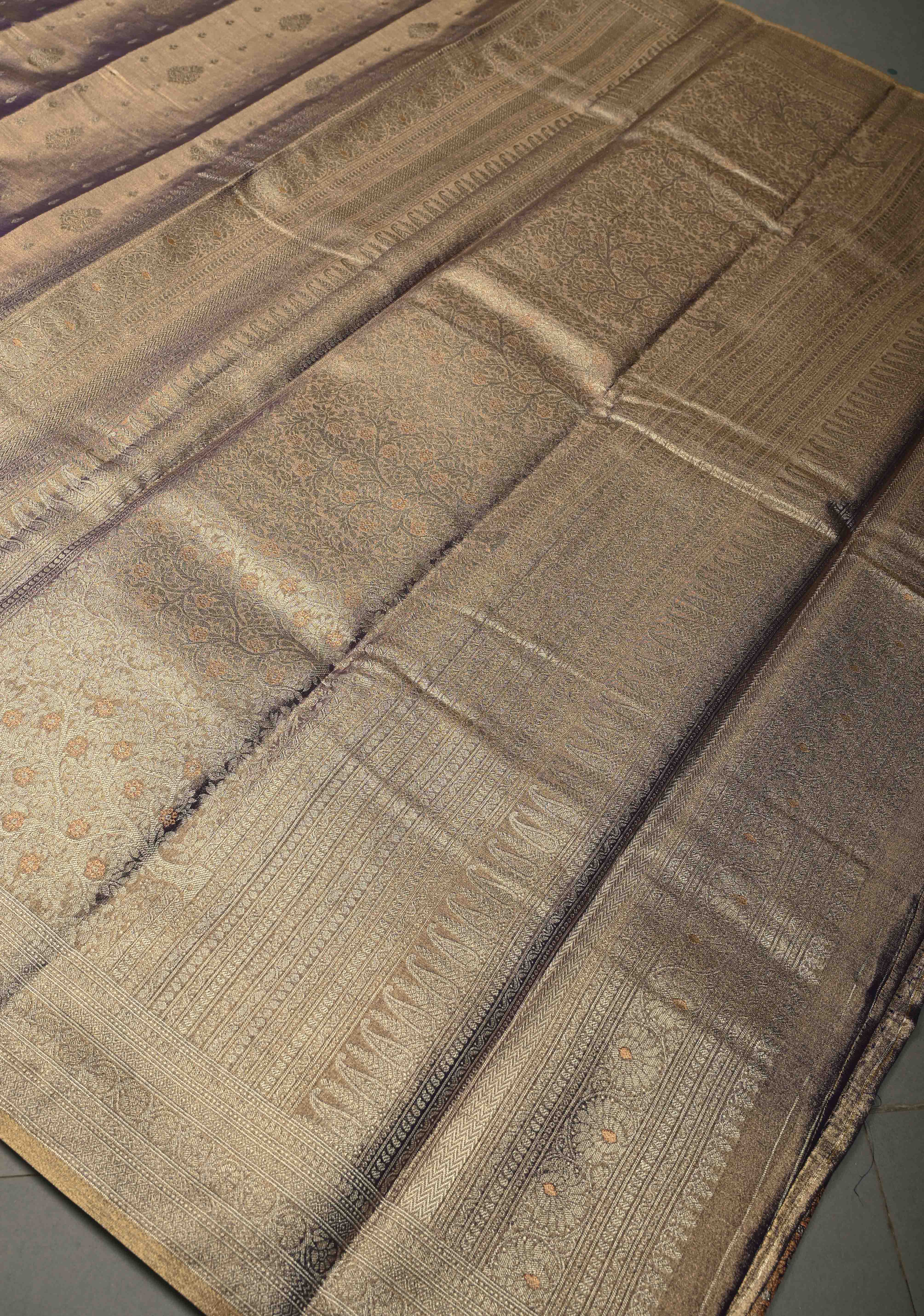 Amethyst -Gold Kanchi Tissue Semi Silk Saree with Floral Buttis and Distinct Tree Motifs on Zari Border | Shobitam