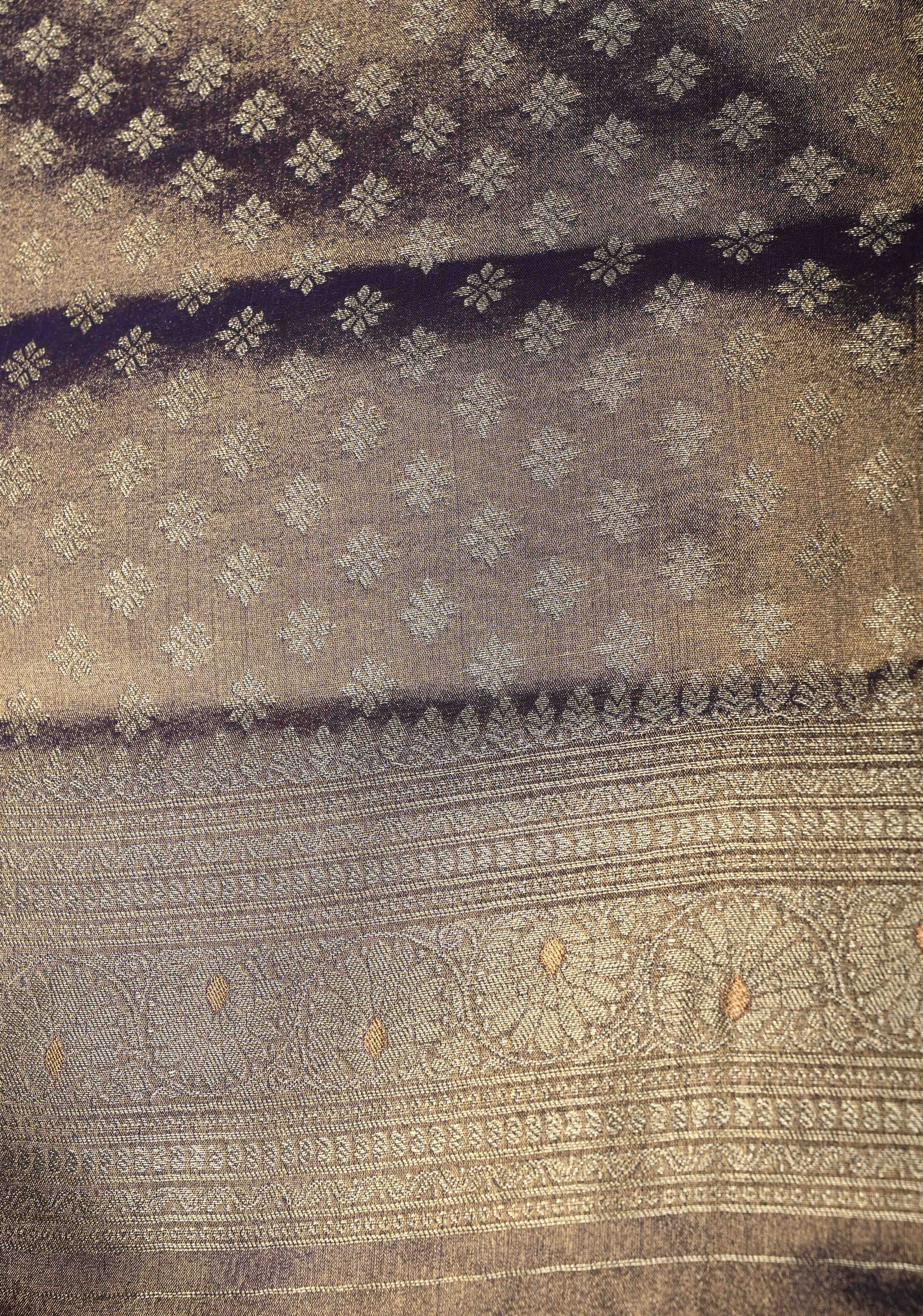 Amethyst -Gold Kanchi Tissue Semi Silk Saree with Floral Buttis and Distinct Tree Motifs on Zari Border | Shobitam
