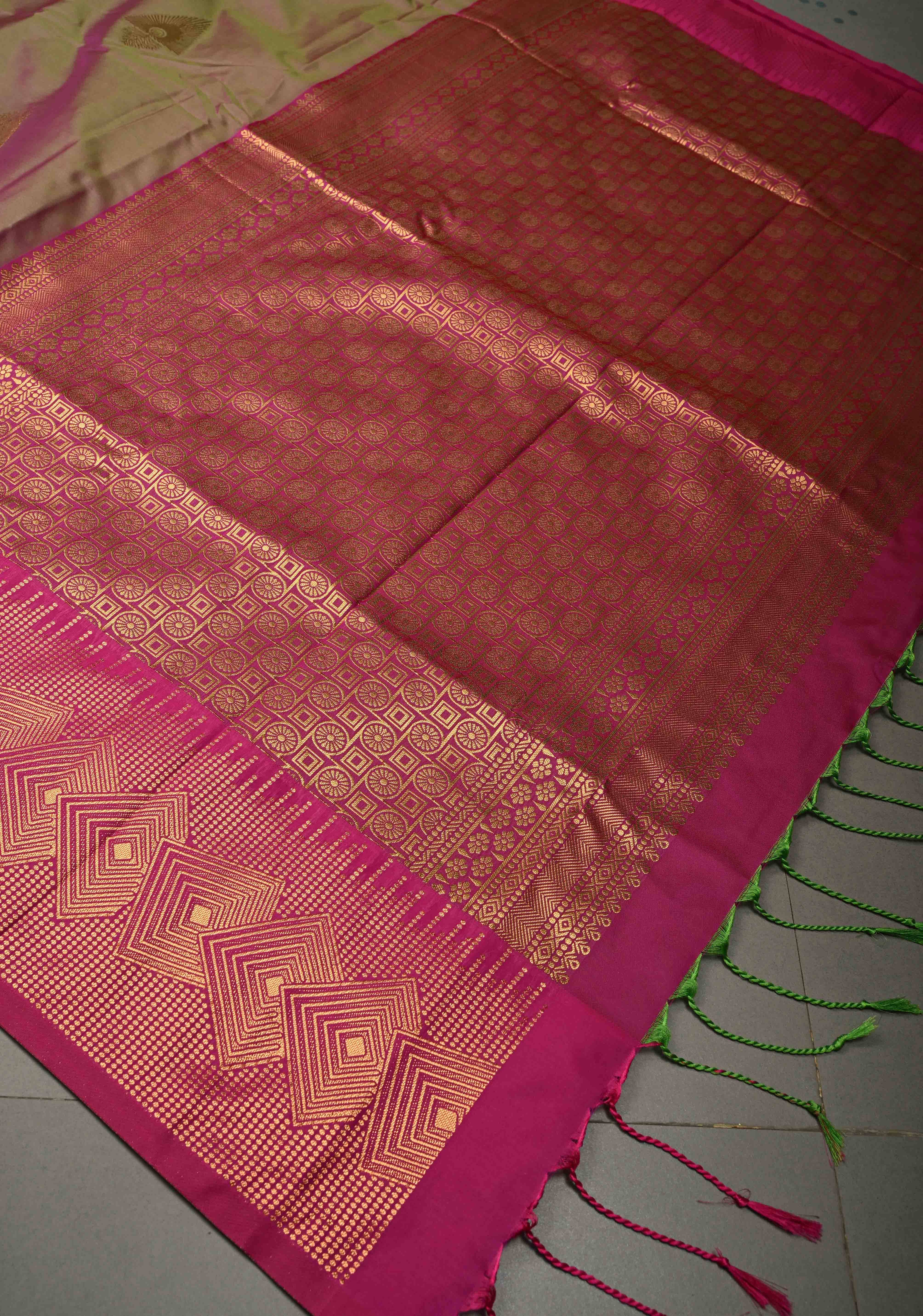 Green-Pink Dual tone Kanchi Semi Silk Saree with Zari Buttas and Contrast Zari Border | SHOBITAM