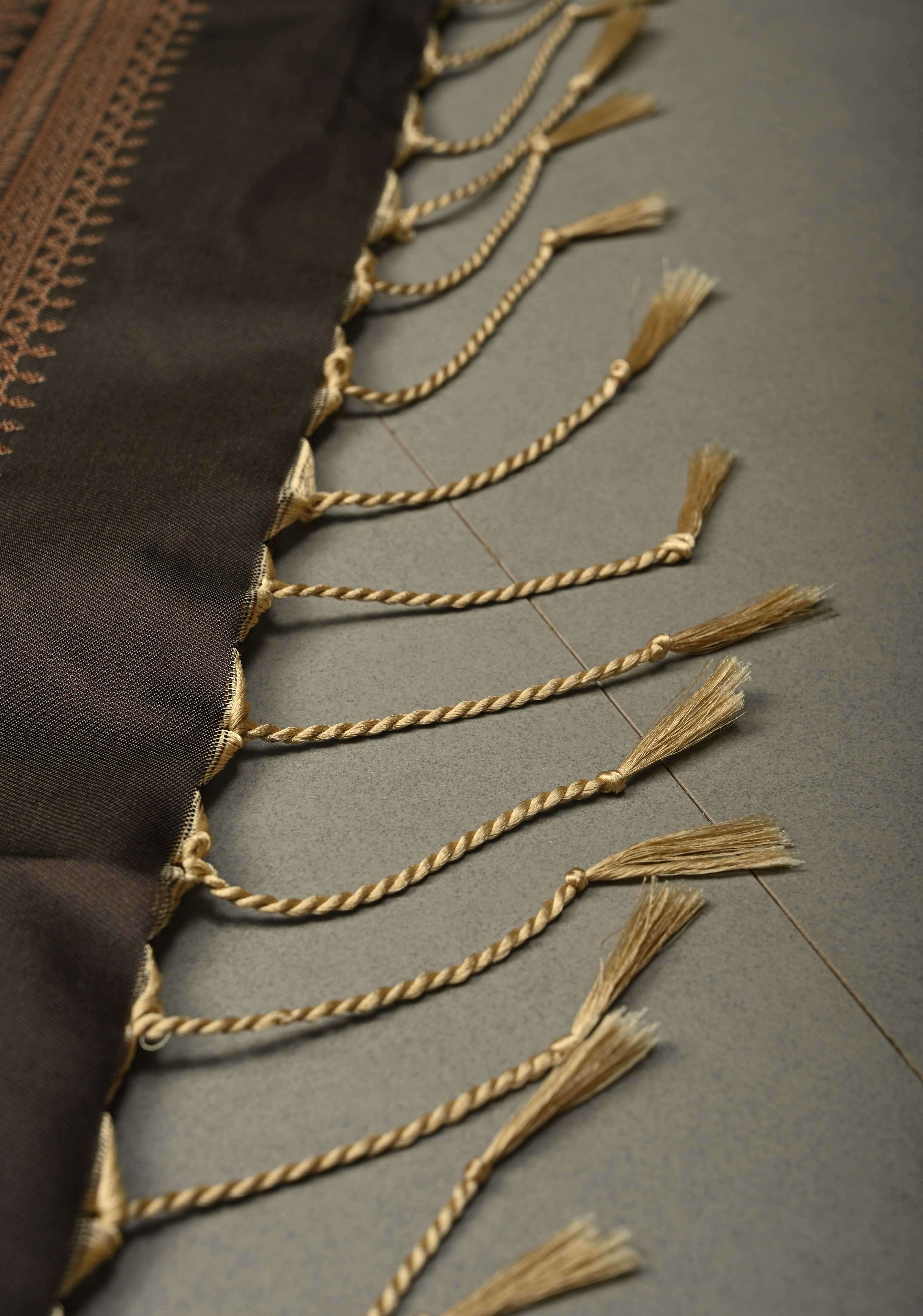 Dark Grayish Brown Kanchi Semi Silk Saree with Meenakari Mandala Buttas and Contrast Antique Zari Border | Shobitam