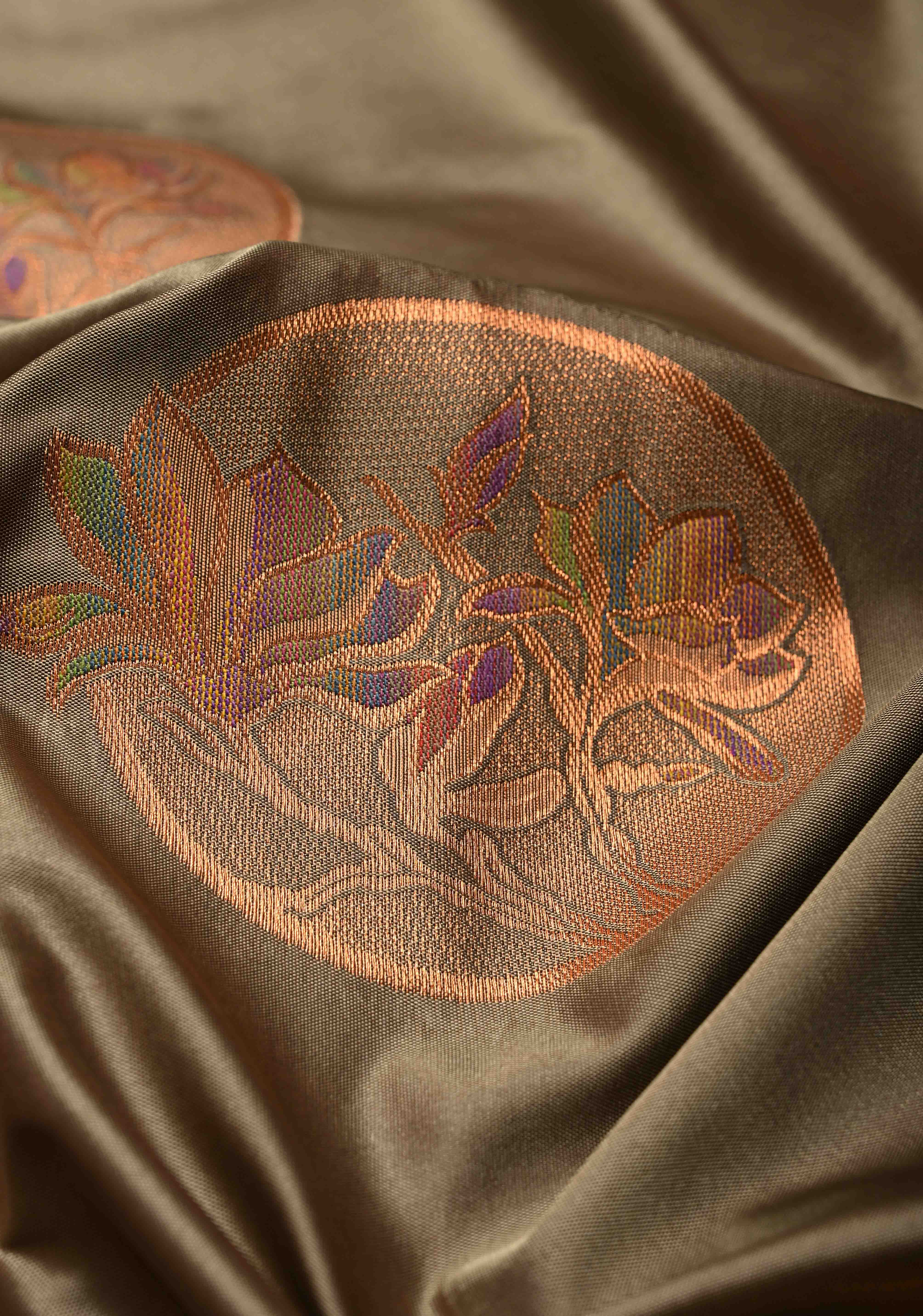 Dark Grayish Brown Kanchi Semi Silk Saree with Meenakari Mandala Buttas and Contrast Antique Zari Border | Shobitam