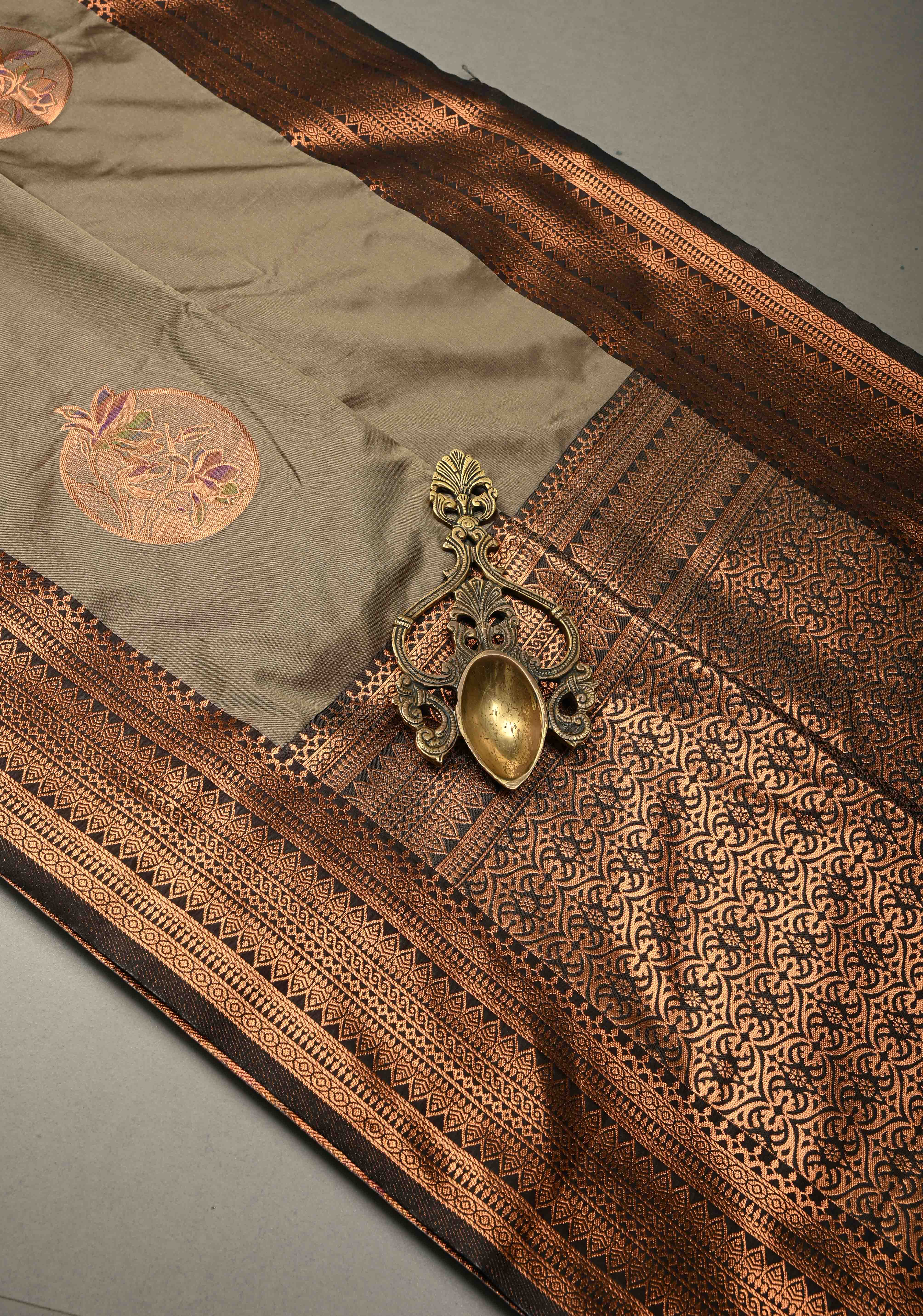 Dark Grayish Brown Kanchi Semi Silk Saree with Meenakari Mandala Buttas and Contrast Antique Zari Border | Shobitam