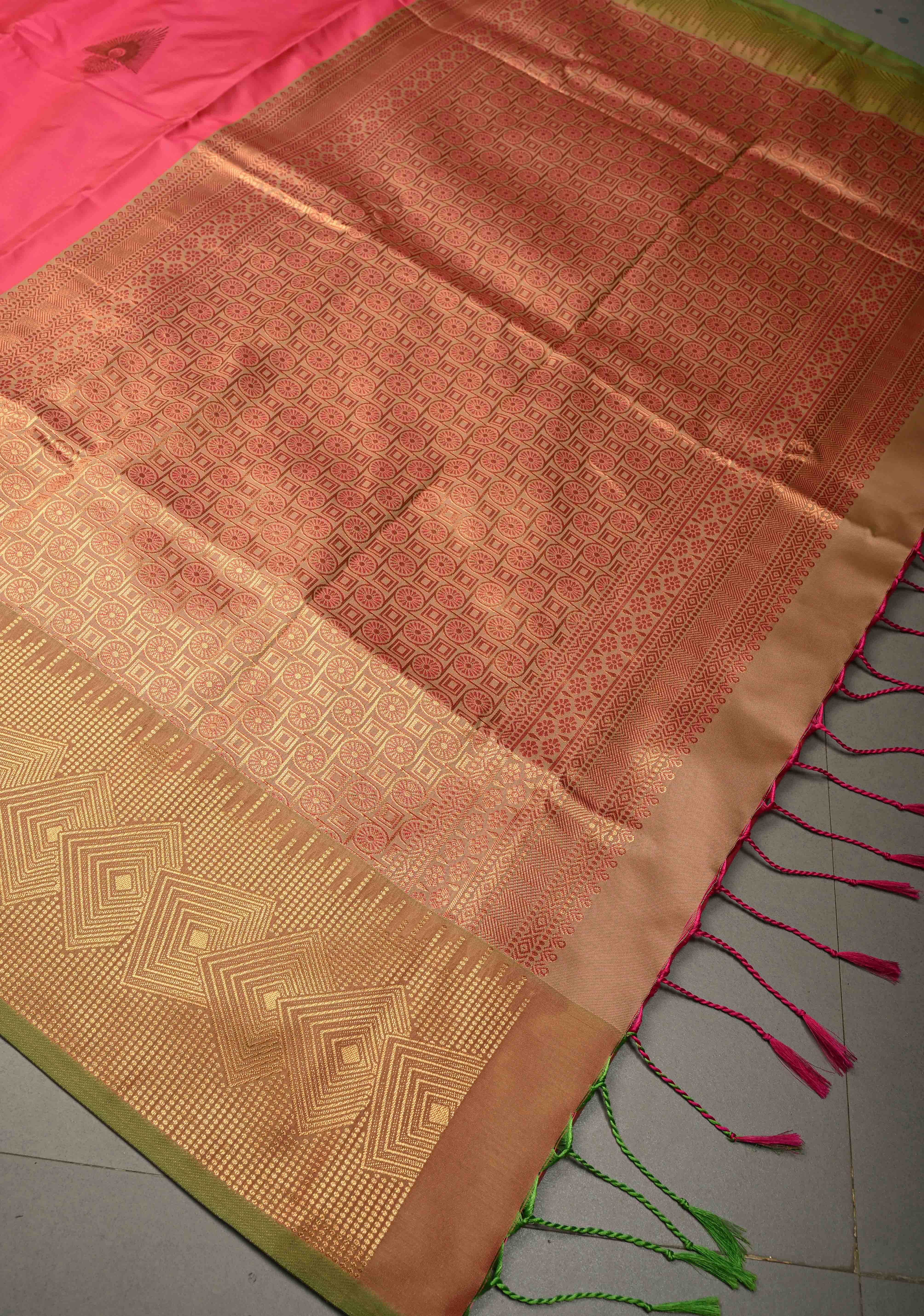 French Rose Kanchi Semi Silk Saree with Zari Buttas and Contrast Zari Border | Shobitam