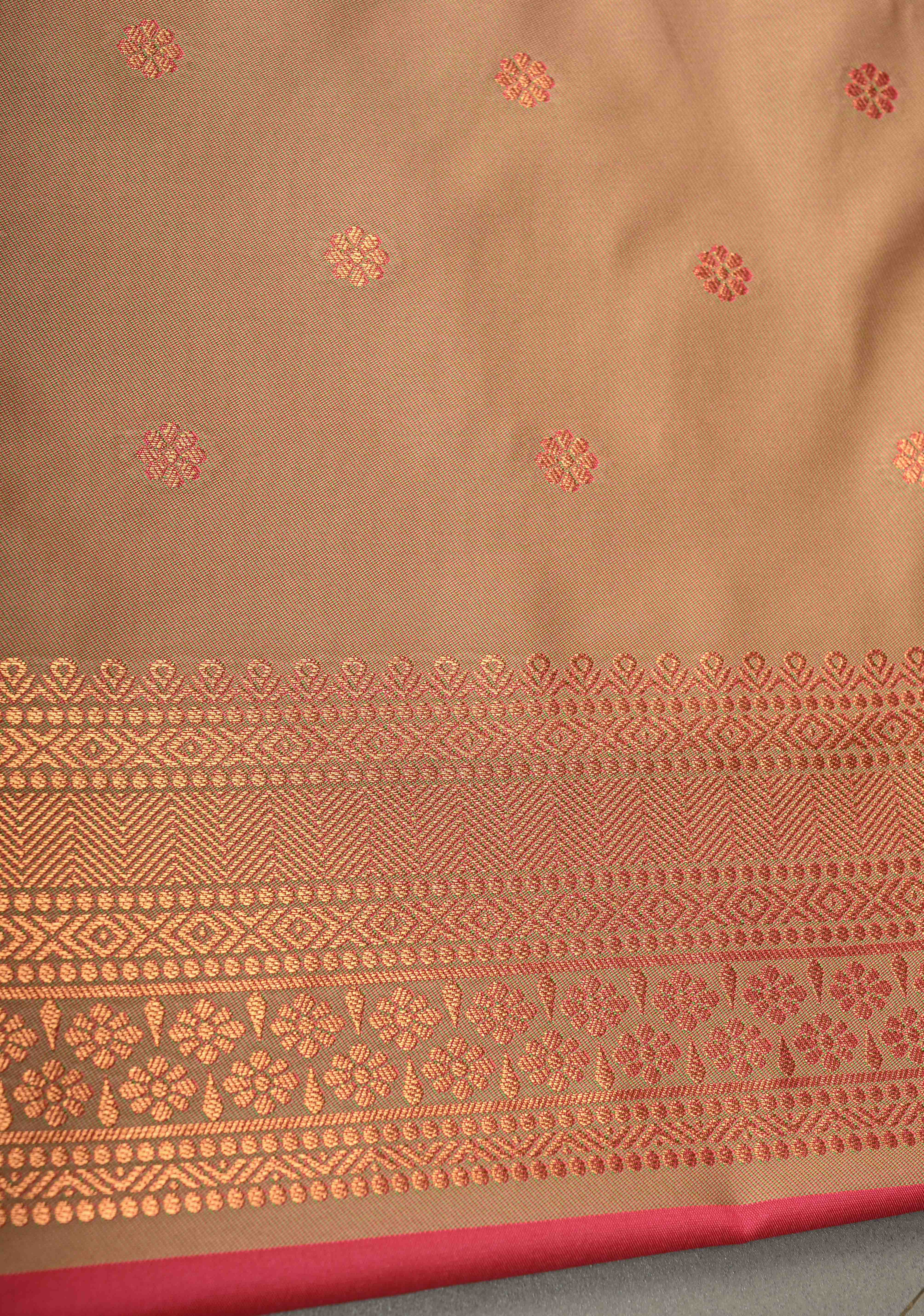 French Rose Kanchi Semi Silk Saree with Zari Buttas and Contrast Zari Border | Shobitam