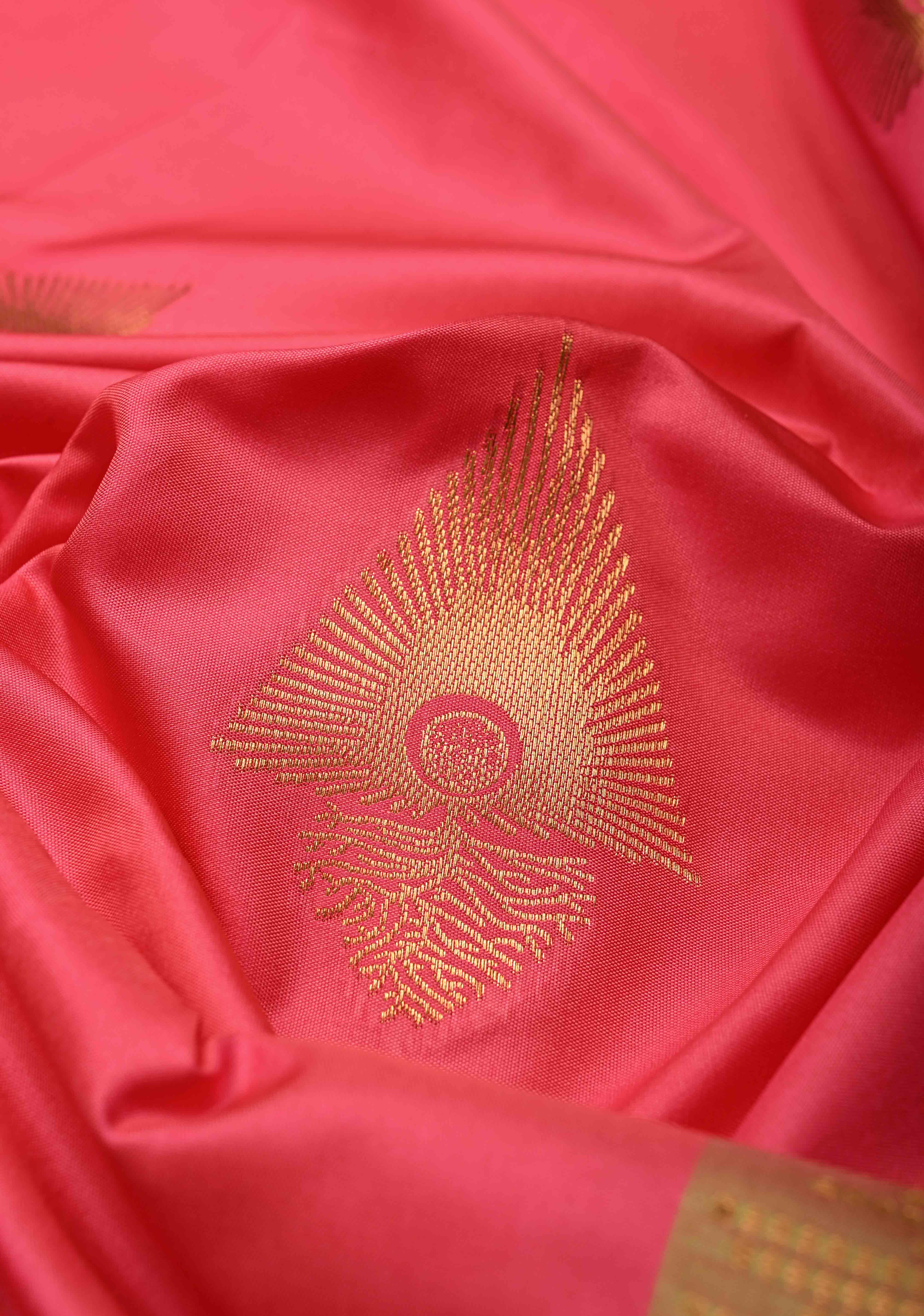 French Rose Kanchi Semi Silk Saree with Zari Buttas and Contrast Zari Border | Shobitam