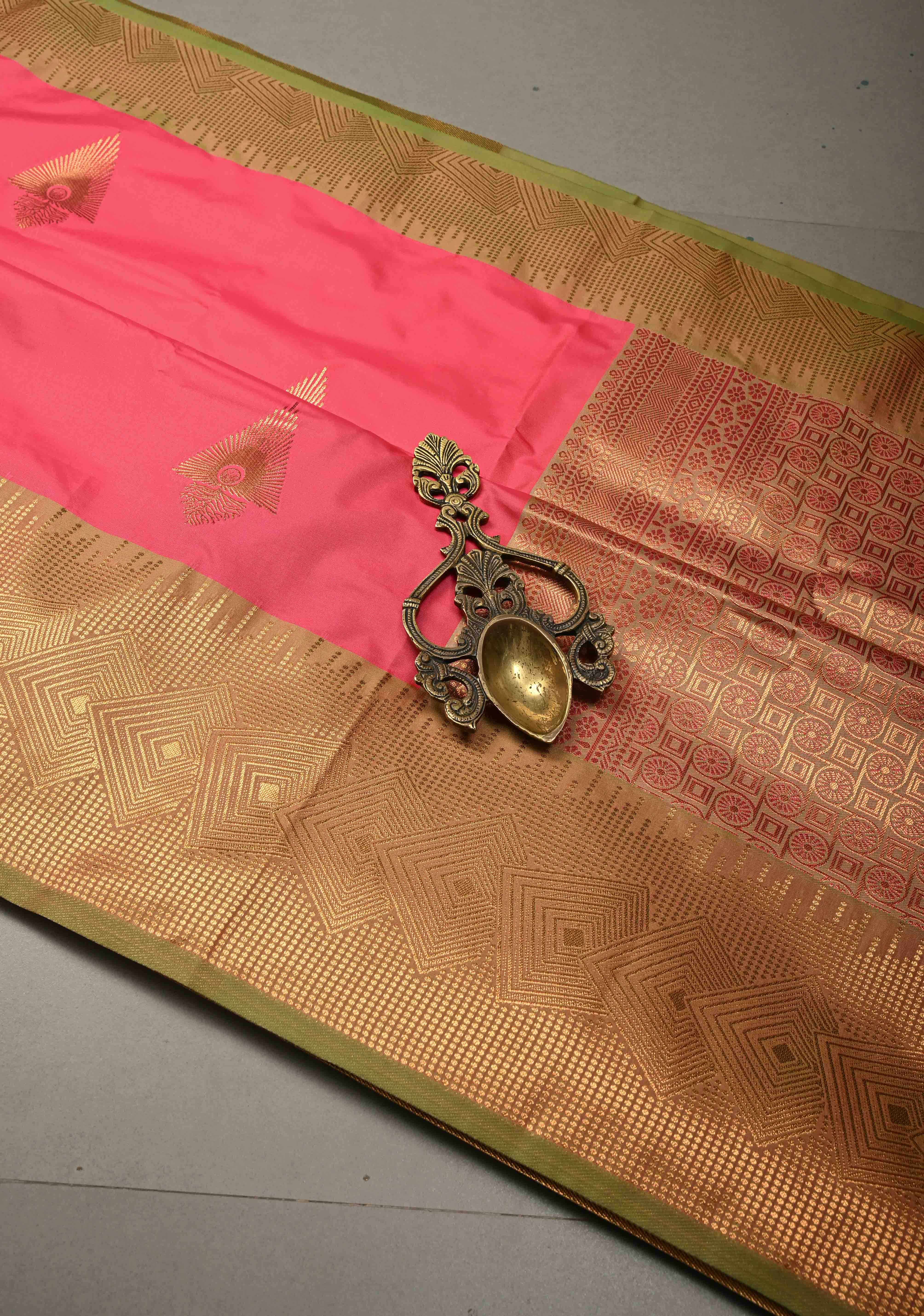 French Rose Kanchi Semi Silk Saree with Zari Buttas and Contrast Zari Border | Shobitam